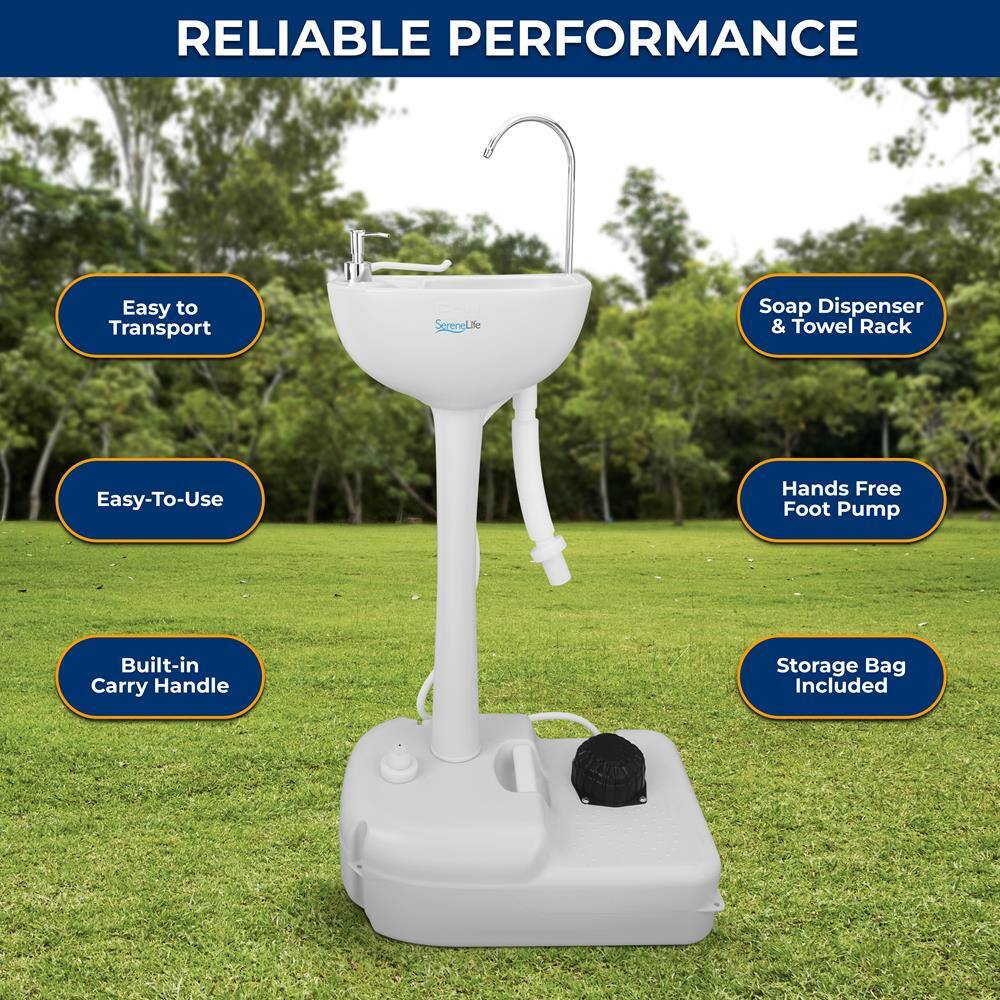 RELIABLE PERFORMANCE

- Easy to Transport
- Easy-To-Use
- Built-in Carry Handle
- Soap Dispenser & Towel Rack
- Hands Free Foot Pump
- Storage Bag Included