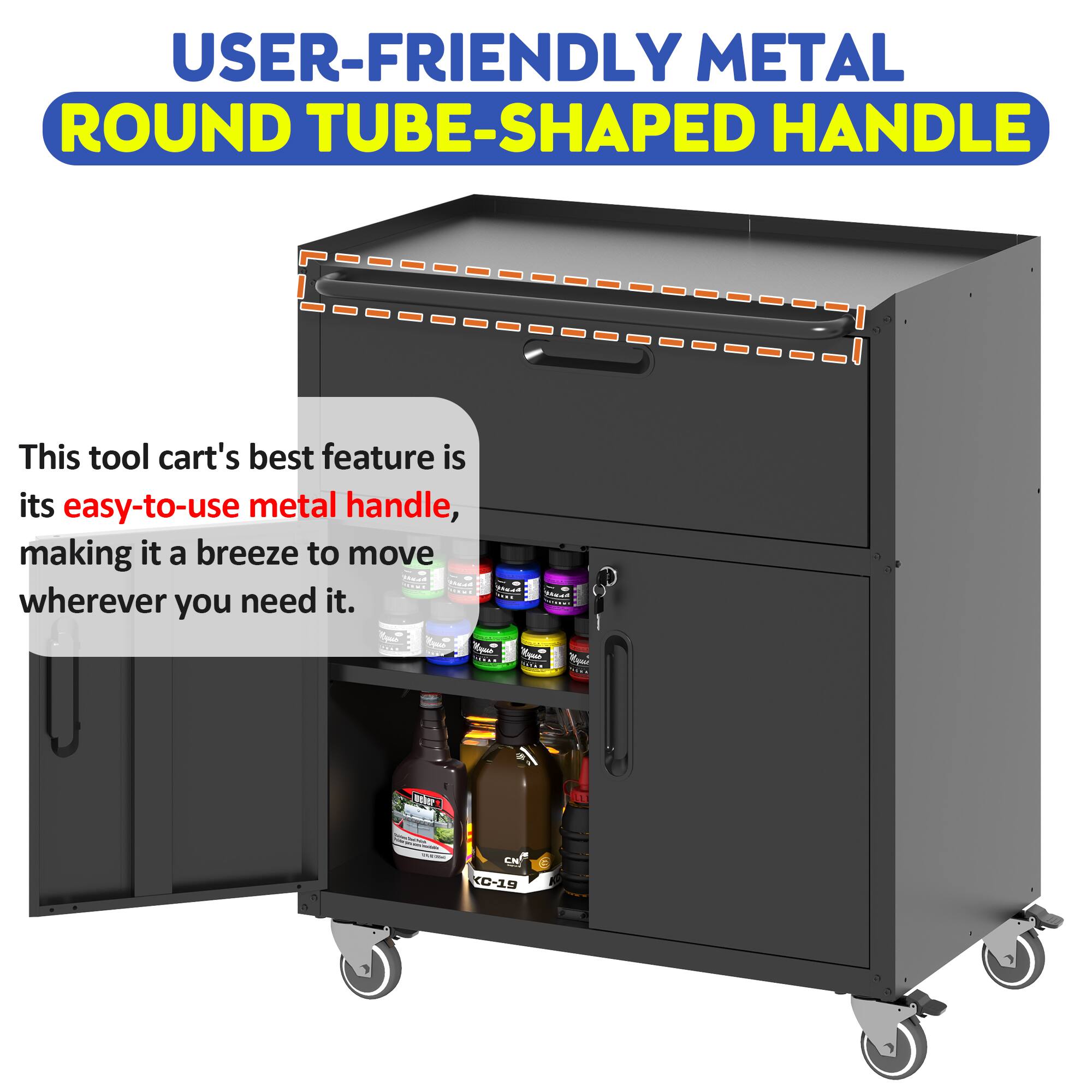 USER-FRIENDLY METAL ROUND TUBE-SHAPED HANDLE

This tool cart's best feature is its easy-to-use metal handle, making it a breeze to move wherever you need it.
