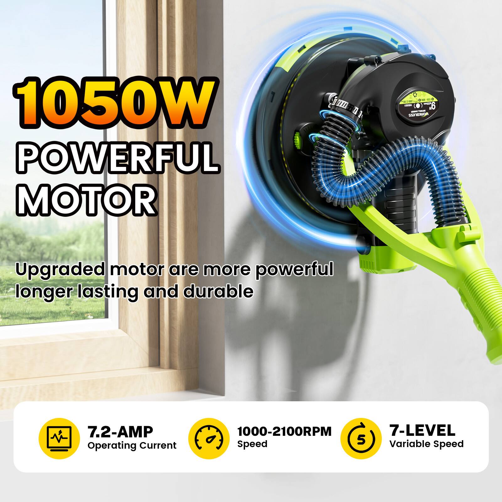 1050W POWERFUL MOTOR

Upgraded motor are more powerful, longer lasting and durable

7.2-AMP Operating Current

1000-2100RPM

5 Speed

7-LEVEL Variable Speed