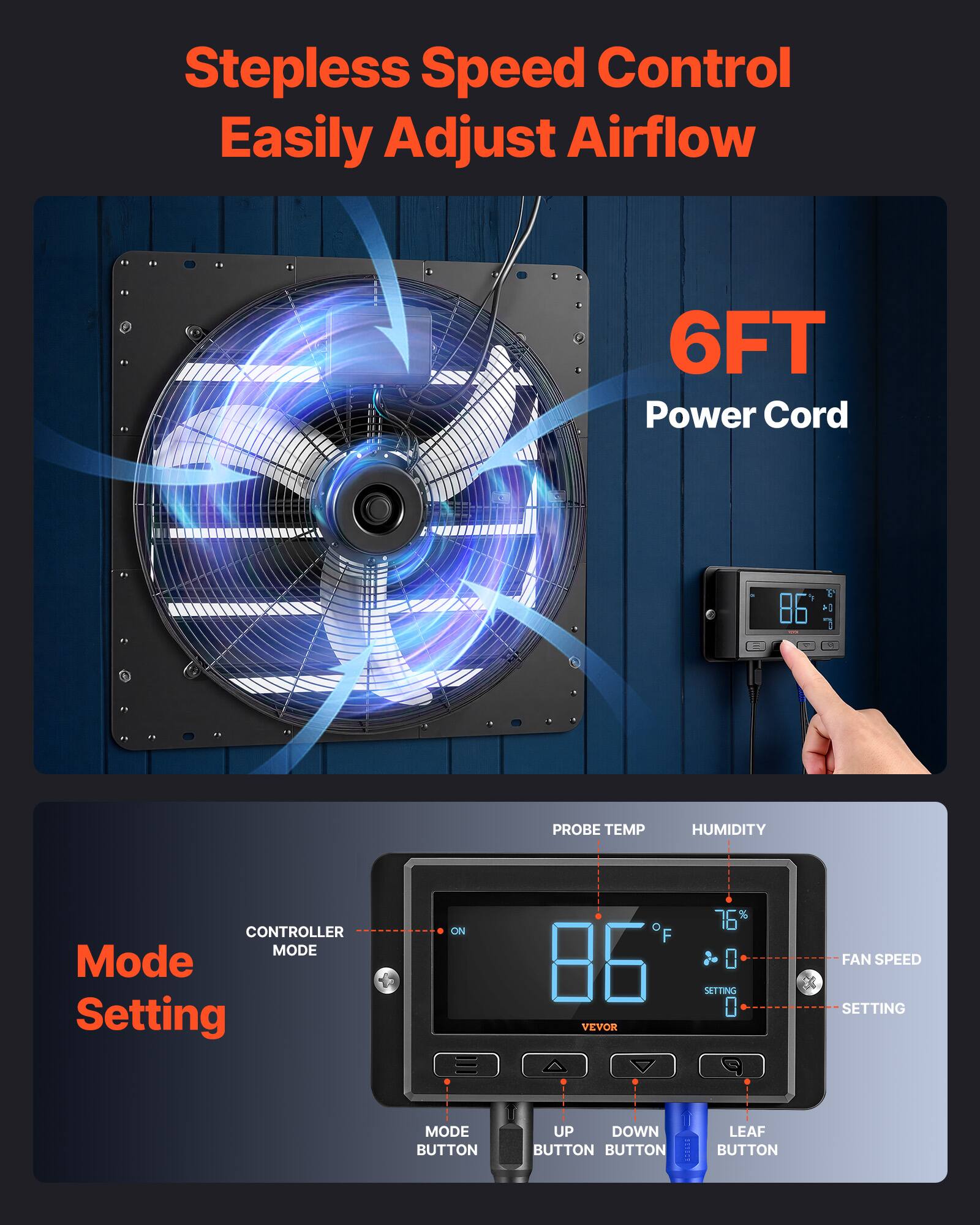 Stepless Speed Control Easily Adjust Airflow  
6FT Power Cord  
PROBE TEMP HUMIDITY CONTROLLER MODE  
Mode Setting ON  
VEVOR  
F 76% 0 SETTING 0  
FAN SPEED SETTING  
MODE BUTTON UP DOWN BUTTON BUTTON RITISE LEAF BUTTON