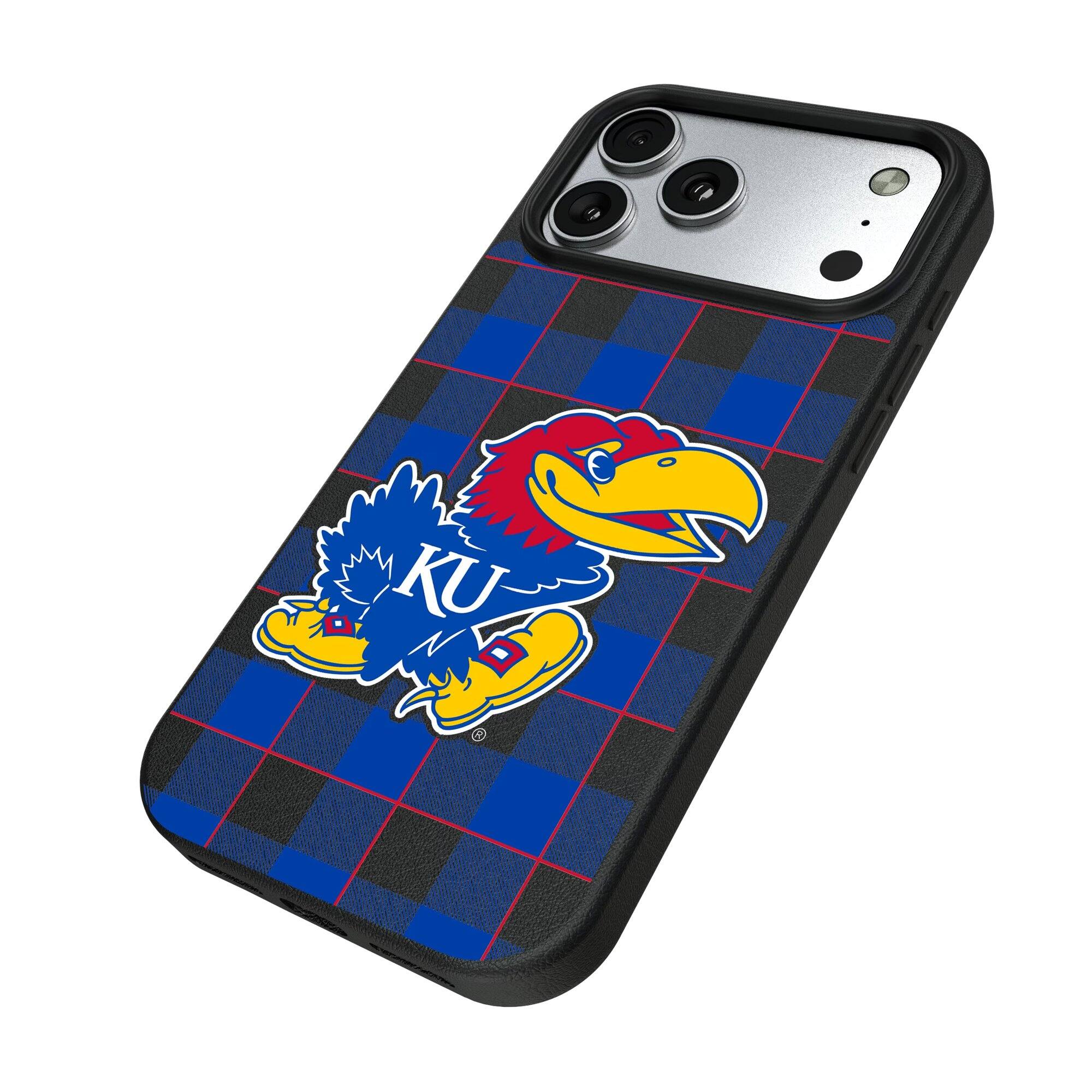 Alt View 1. Keyscaper - Kansas Jayhawks Plaid Magnetic Bump iPhone Case - 15 Pro - Black.
