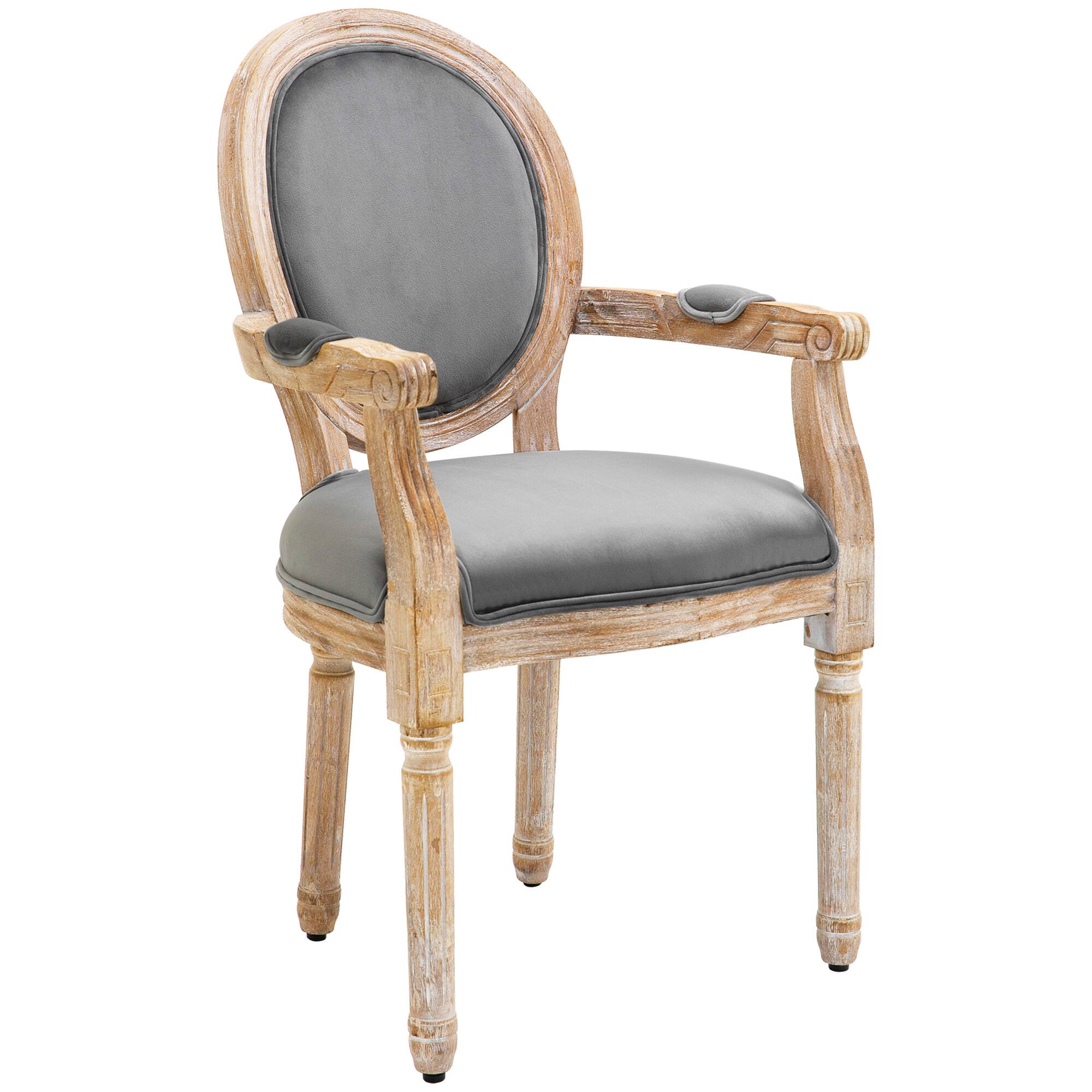 Front. Homcom - Vintage Dining Chair with Round Back, Thick Sponge Padded Seat and Section Armrest with Wood Frame - Grey.