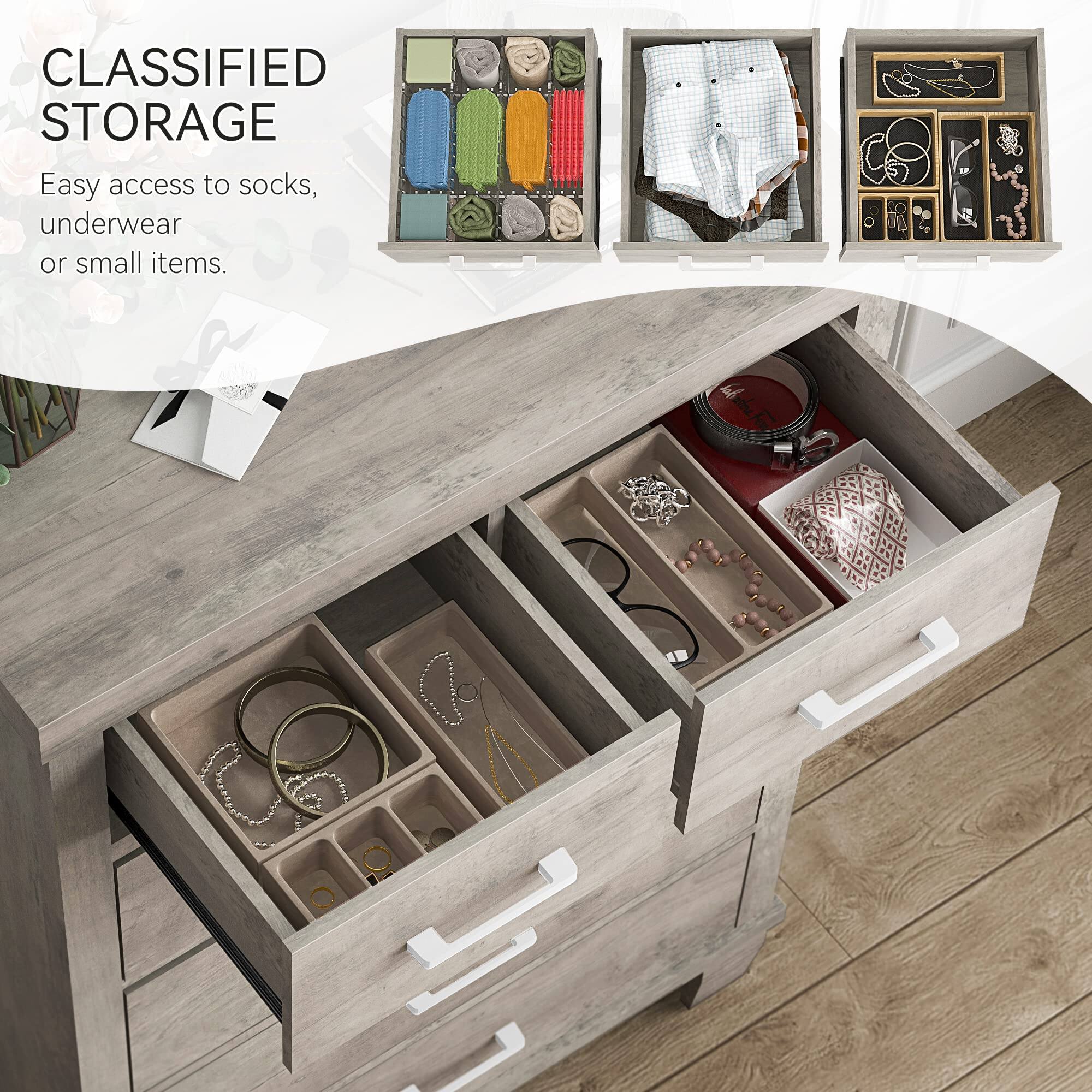 CLASSIFIED STORAGE  
Easy access to socks, underwear or small items.