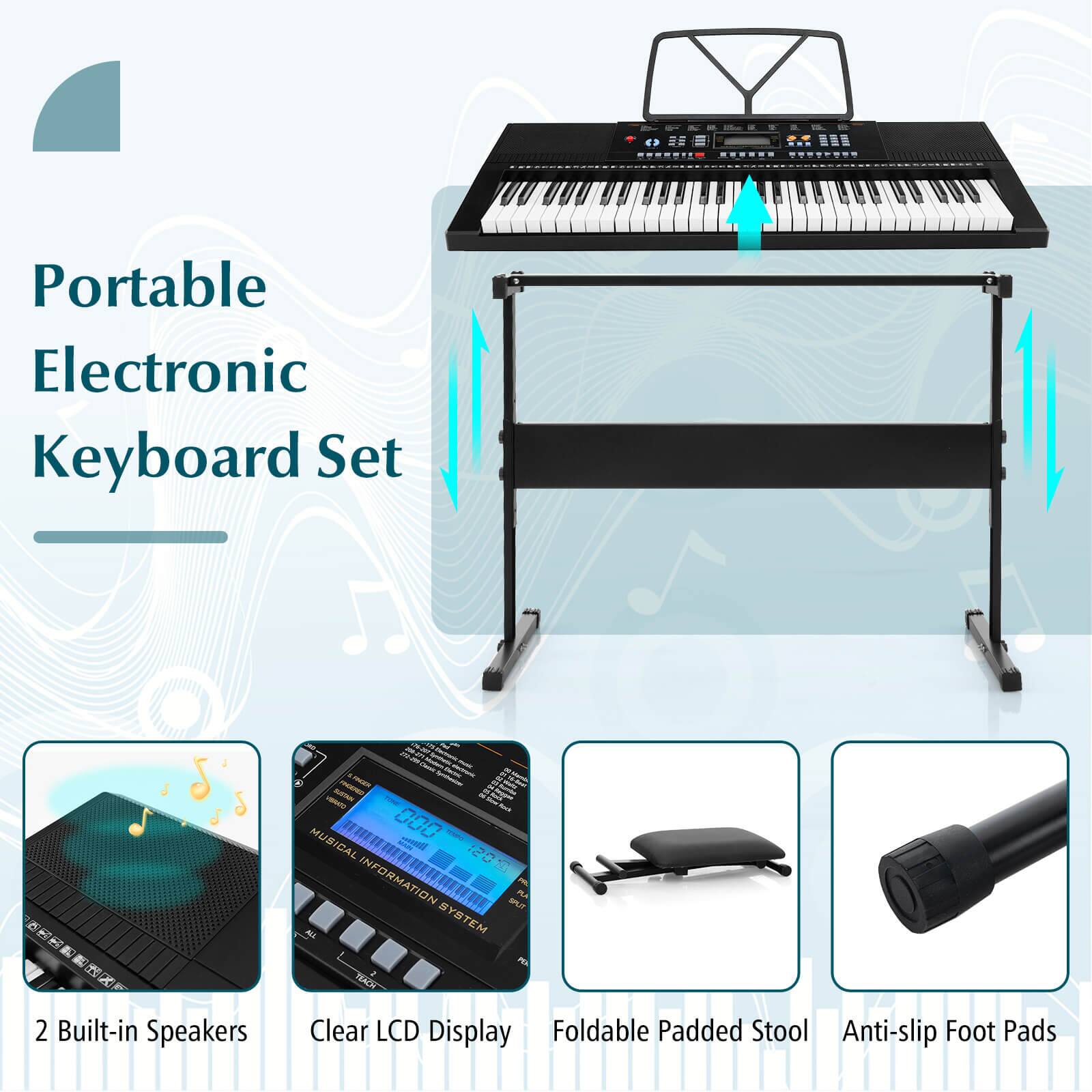 Portable Electronic Keyboard Set
- 2 Built-in Speakers
- Clear LCD Display
- Foldable Padded Stool
- Anti-slip Foot Pads