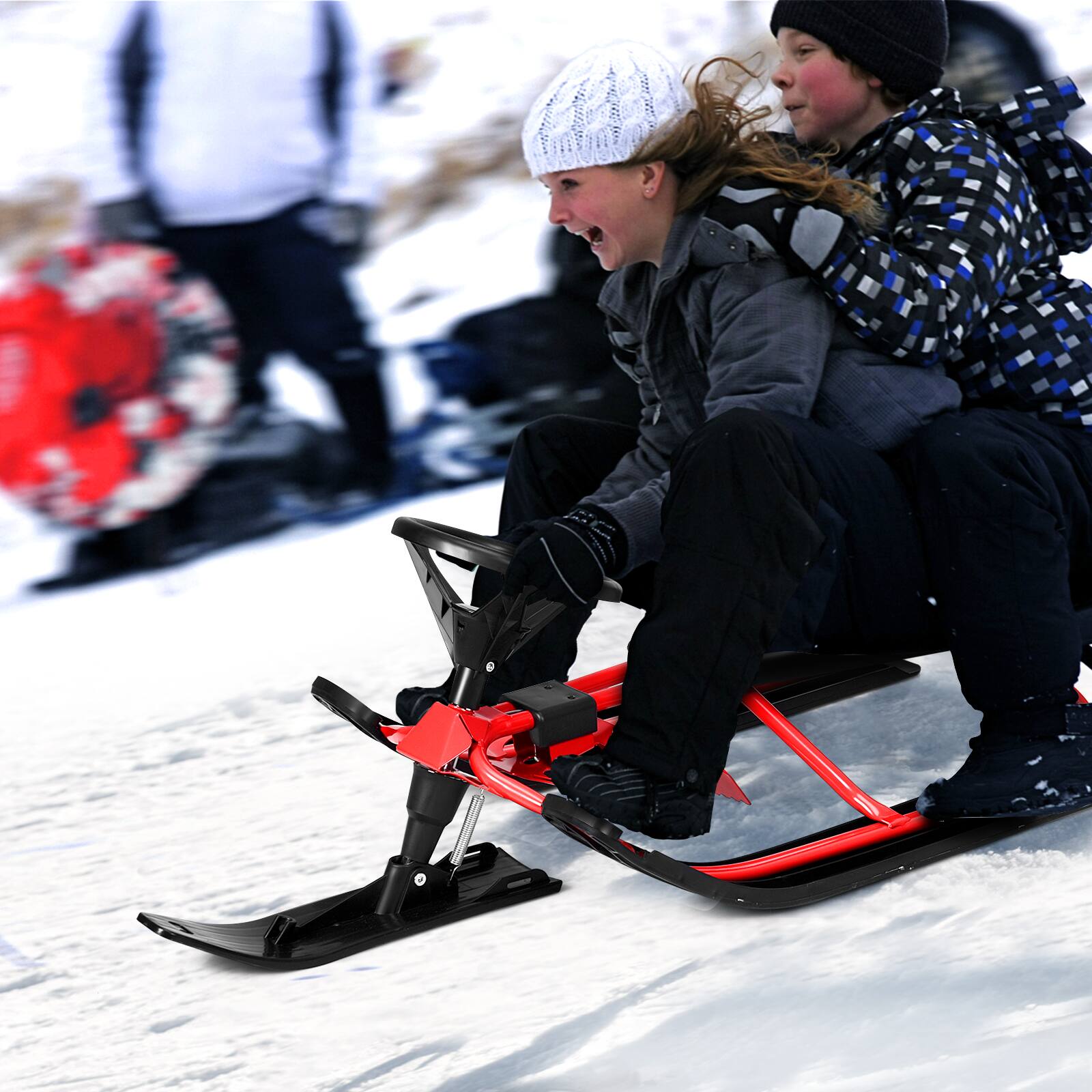 Alt View 16. Costway - Kids Snow Racer Sled Steering Wheel Double Brakes Pull Rope Red - Black+Red.