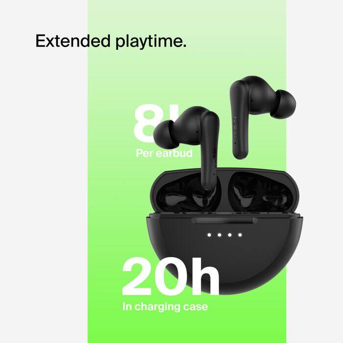 Extended playtime.  
8h Per earbud  
20h In charging case