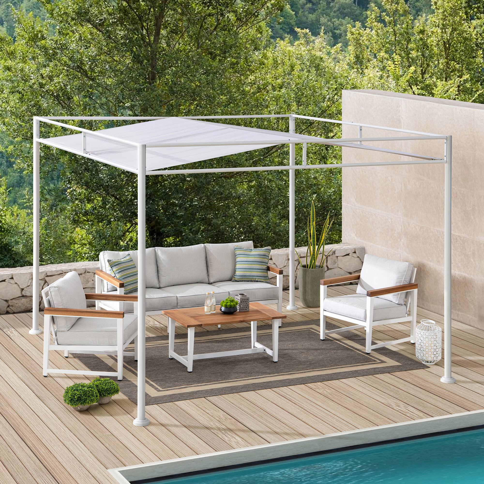 Alt View 6. SUNJOY - Sunjoy 10’ x 10’ Darkeford Metal Pergola with White Sling Fabric Canopy.