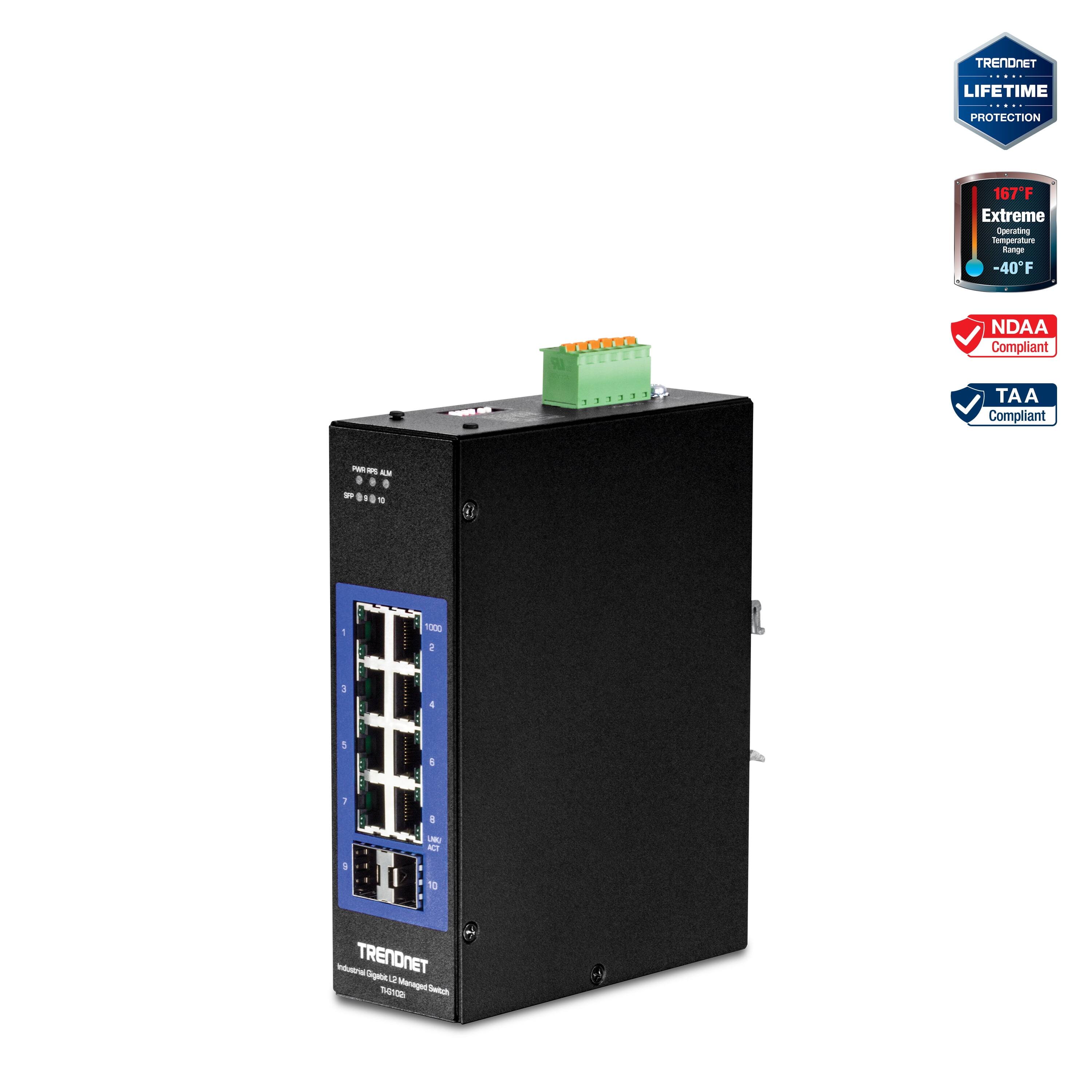 TRENDNET LIFETIME PROTECTION  
167°F Extreme Operating Temperature Range -40°F  
NDAA Compliant  
TAA Compliant  

TRENDNET  
Industrial Gigabit 12 Port Managed Switch  
TRENDnet 1000  
1 2 3 4 5 6 7 8 9 10  

POWER FAIL ALM  
1000  
1 2 3 4 5 6 7 8 9 10  

TRENDNET  
Industrial Gigabit 12 Port Managed Switch  
TRENDnet 1000