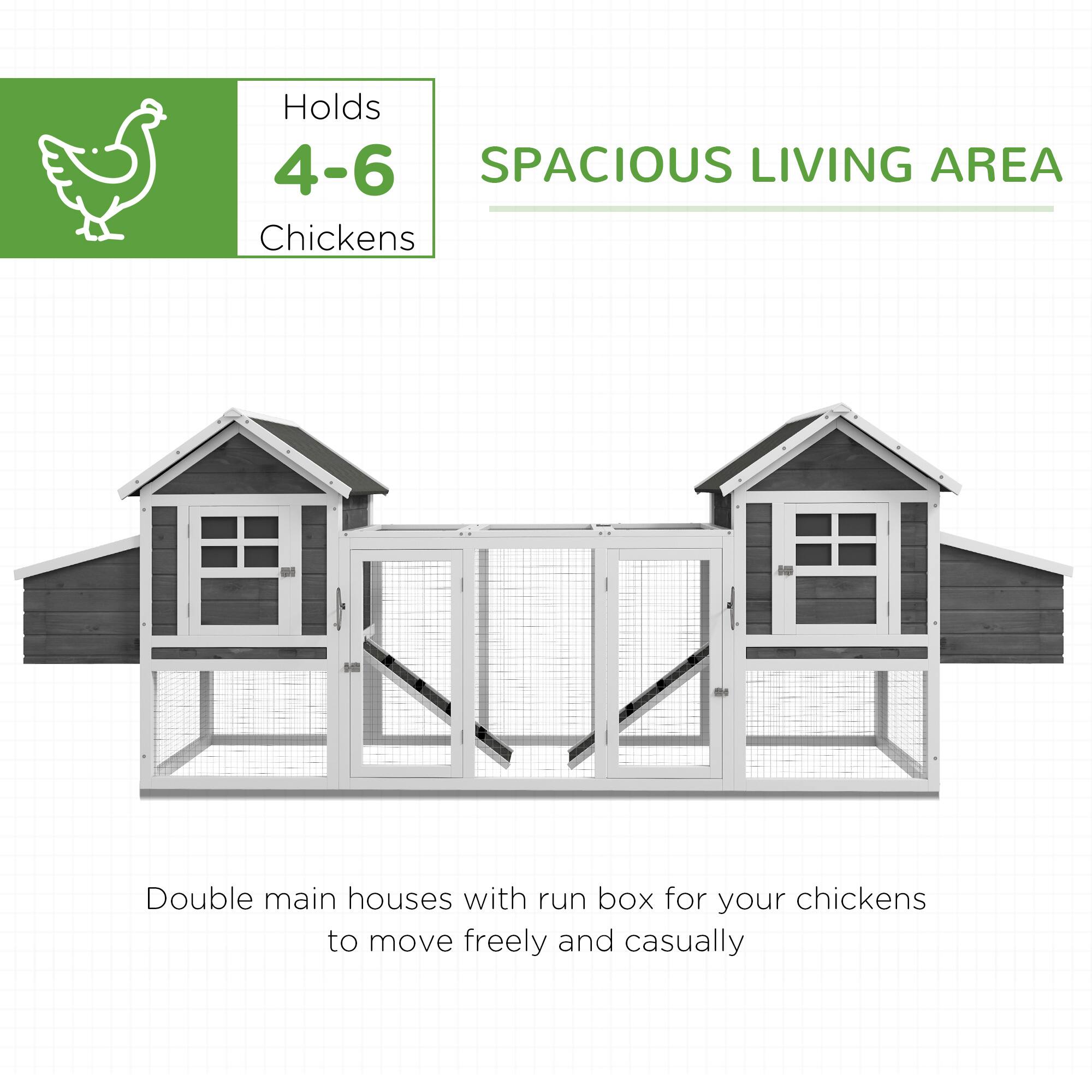 Holds 4-6 Chickens

SPACIOUS LIVING AREA

Double main houses with run box for your chickens to move freely and casually