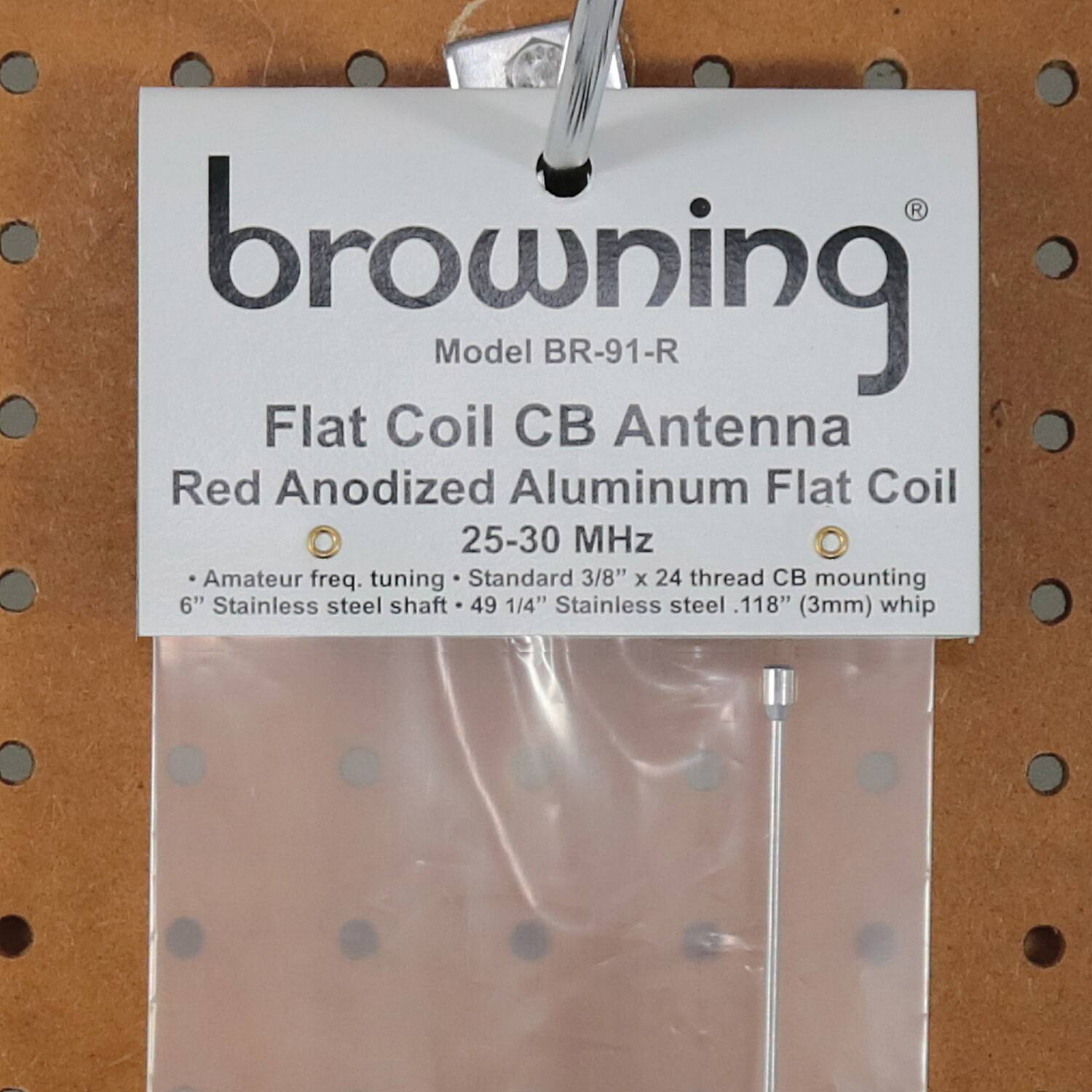 browning  
Model BR-91-R  

Flat Coil CB Antenna  
Red Anodized Aluminum Flat Coil  
25-30 MHz  

- Amateur freq. tuning  
- Standard 3/8" x 24 thread CB mounting  
- 6" Stainless steel shaft  
- 49 1/4" Stainless steel .118" (3mm) whip