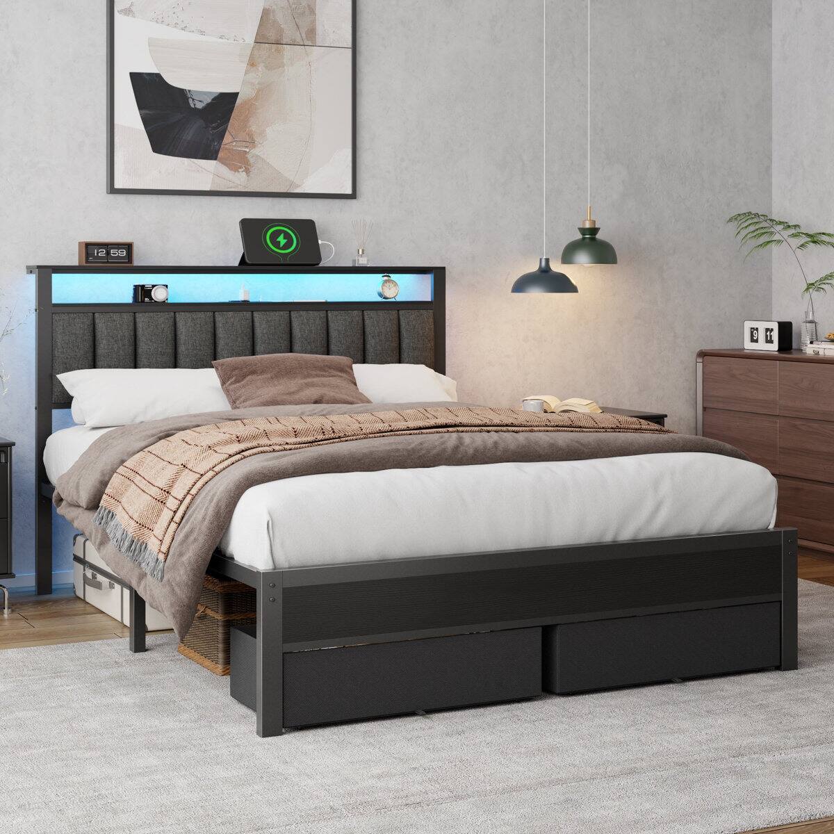 Alt View 1. Furnulem - Upholstered Bed Frame with 2 Storage Drawers Modern Platform Bed with Charging Station & LED Light - Black.