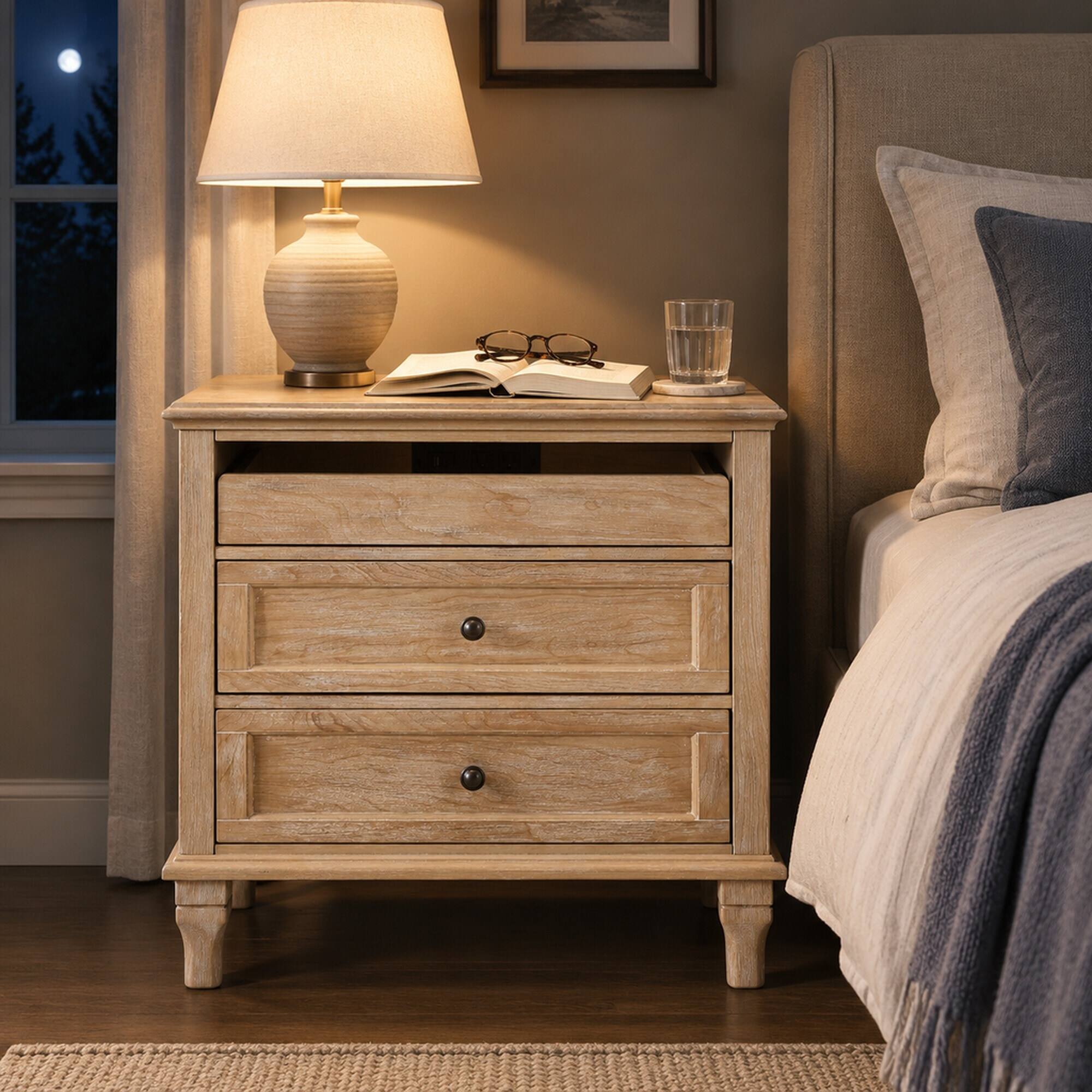 Back. RYHNUYNE - 28 in Wood Nightstand, Farmhouse Bedside Table, 3 Drawers, Charging Station, USB and Type-C Ports - Natural.