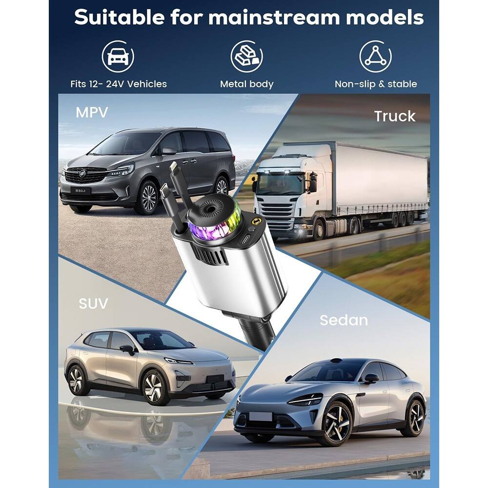 Suitable for mainstream models

- Fits 12-24V Vehicles
- Metal body
- Non-slip & stable

MPV  
Truck  
SUV  
Sedan