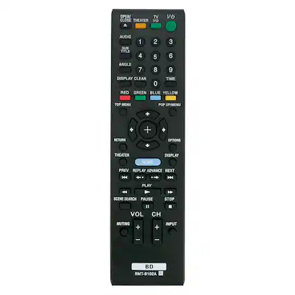 OPEN/ CLOSE THEATER
TV
V/O VO AUDIO SUB TITLE ANGLE 1 2 3 4 5 6 7 8 9 0
DISPLAY CLEAR
TIME RED GREEN BLUE YELLOW
TOP MENU POP UP/MENU
RETURN OPTIONS THEATER DISPLAY HOME
PREV REPLAY ADVANCE NEXT
PLAY SCENE SEARCH PAUSE STOP
VOL CH
MUTING + + INPUT - -
BD
RMT-B102A