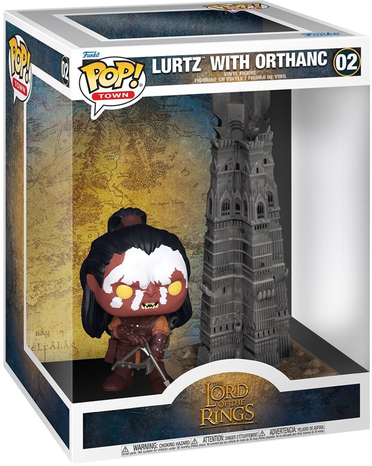 Sure, here is the corrected and grouped text from the image:

---

**Funko POP! TOWN**

**LURTZ WITH ORTHANC 02**

**VINYL FIGURE / FIGURINE EN VINYLE / FIGURA DE VINIL**

**THE LORD OF THE RINGS**

**BAY OF ELLARÁS**

**WARNING: CHOKING HAZARD - Small parts. Not for children under 3 years.**

**ADVERTENCIA: PEUGRO DE ASFIXIA - Pequeñas piezas. No es adecuado para niños menores de 3 años.**

**ATTENTION: DANGER DE TOUFFEMENT - Petites pièces. Ne convient pas aux enfants de moins de 3 ans.**

---