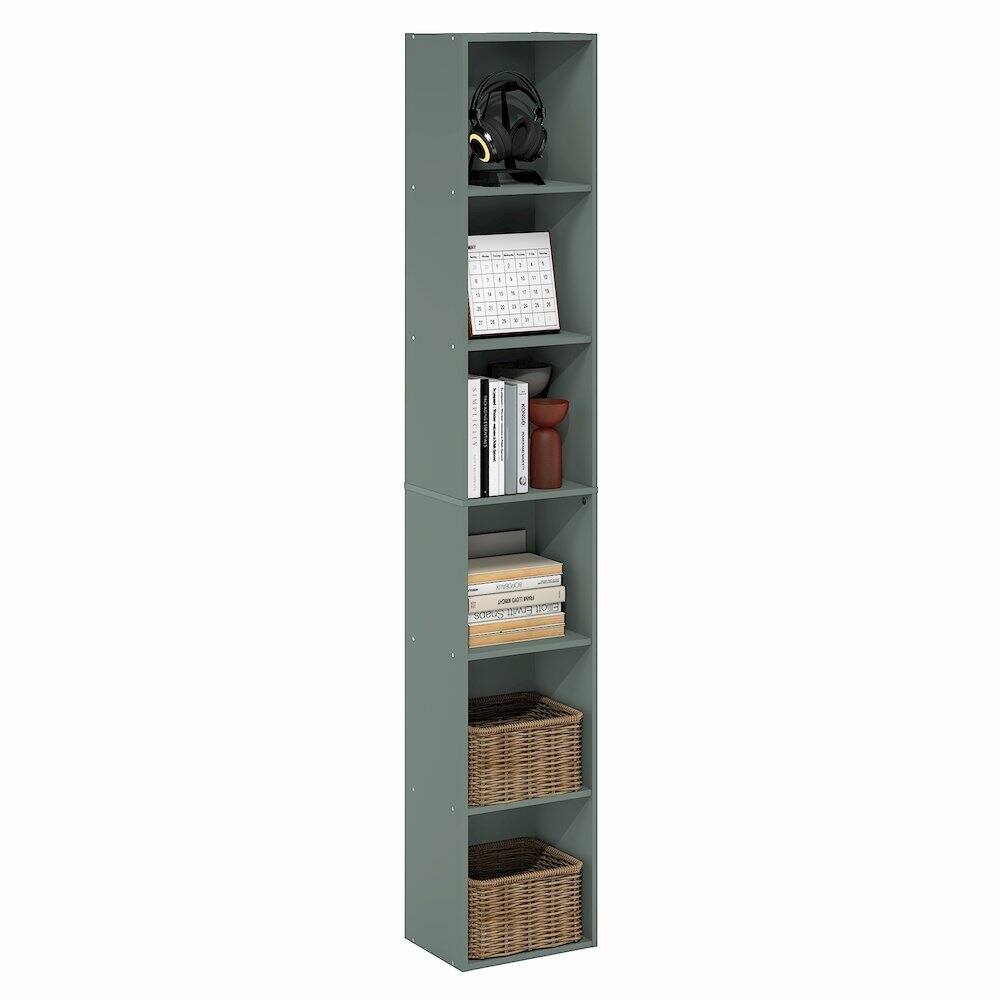 Back. Furinno - LUDER Book Shelf, 6-Tier Tall Modern Bookshelf, Bookcase with Open Shelving, Floor Standing Shelves, 9.3 x 12 x 71 - Sage Green.