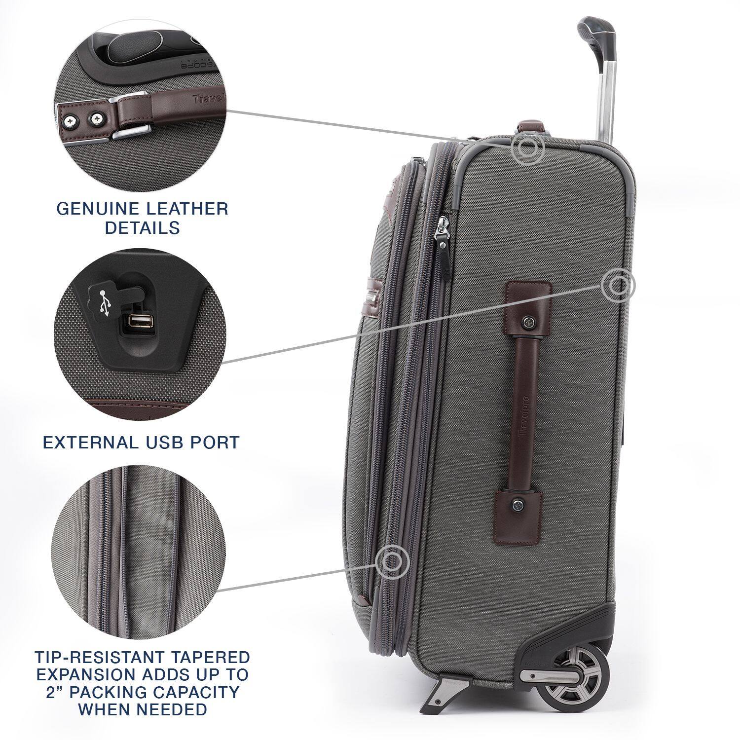 - Genuine Leather Details
- External USB Port
- Tip-Resistant Tapered Expansion Adds Up to 2" Packing Capacity When Needed