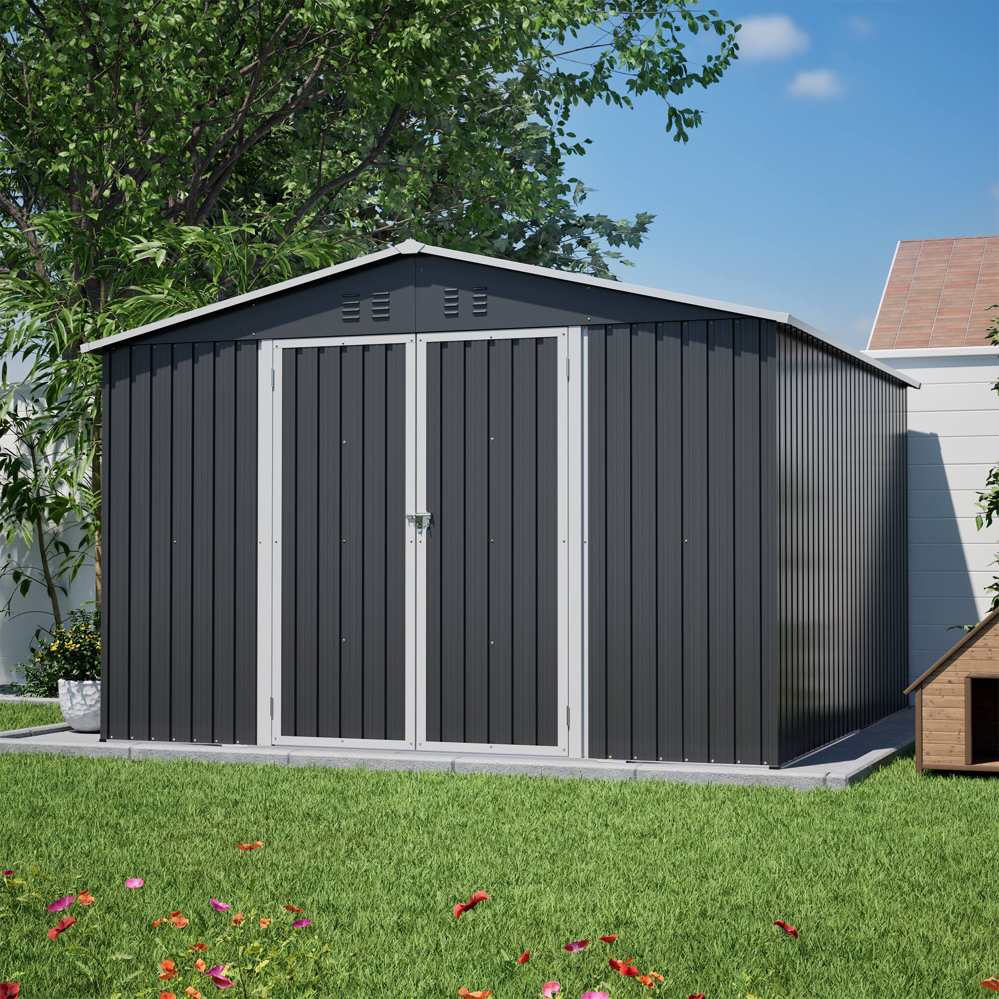 Alt View 7. Loheer - Loheer 10x10 Metal Storage Shed Heavy Duty Black Outdoor Garden Shed Lockable Double Doors.