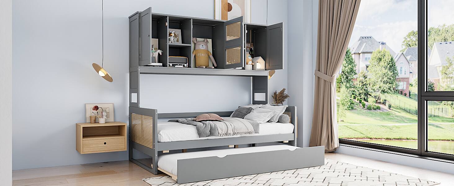 Alt View 2. Tiramisubest - Twin Size Wooden Daybed With Twin Size Trundle, and All-in-One Cabinet and Shelf, Gray - Gray.