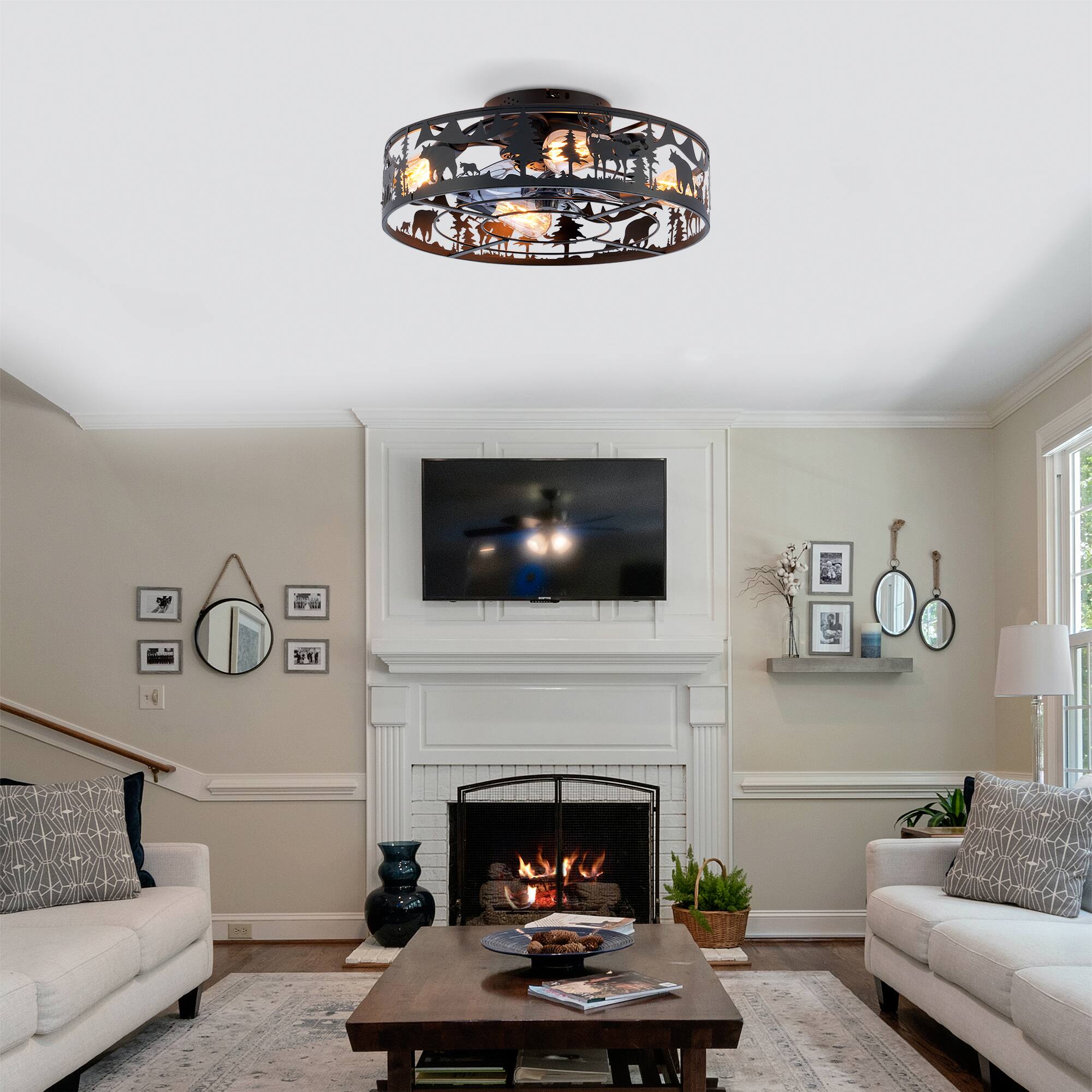 Alt View 7. Sofucor - Farmhouse Ceiling Fans w/ Light Remote Flush Mount Rustic Ceiling Fan Boho Bladeless Country Caged Ceiling Light Fixture - Matte Black 1.