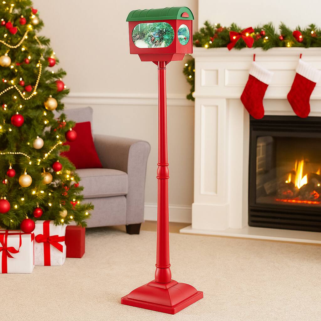 Angle. BreeBe - Christmas Street Light 59in with Animated Snow Globe and Sound Activation - Red.