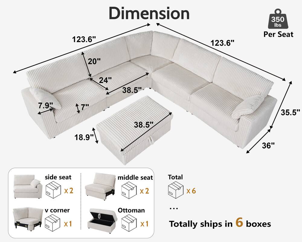 Dimension  
123.6"  
20"  
24"  
38.5"  
7.9"  
7"  
18.9"  
38.5"  
35.5"  
36"  
Per Seat  
350 lbs  

side seat x 2  
v corner x 1  
middle seat x 2  
Ottoman x 1  
Total x 6  

Totally ships in 6 boxes
