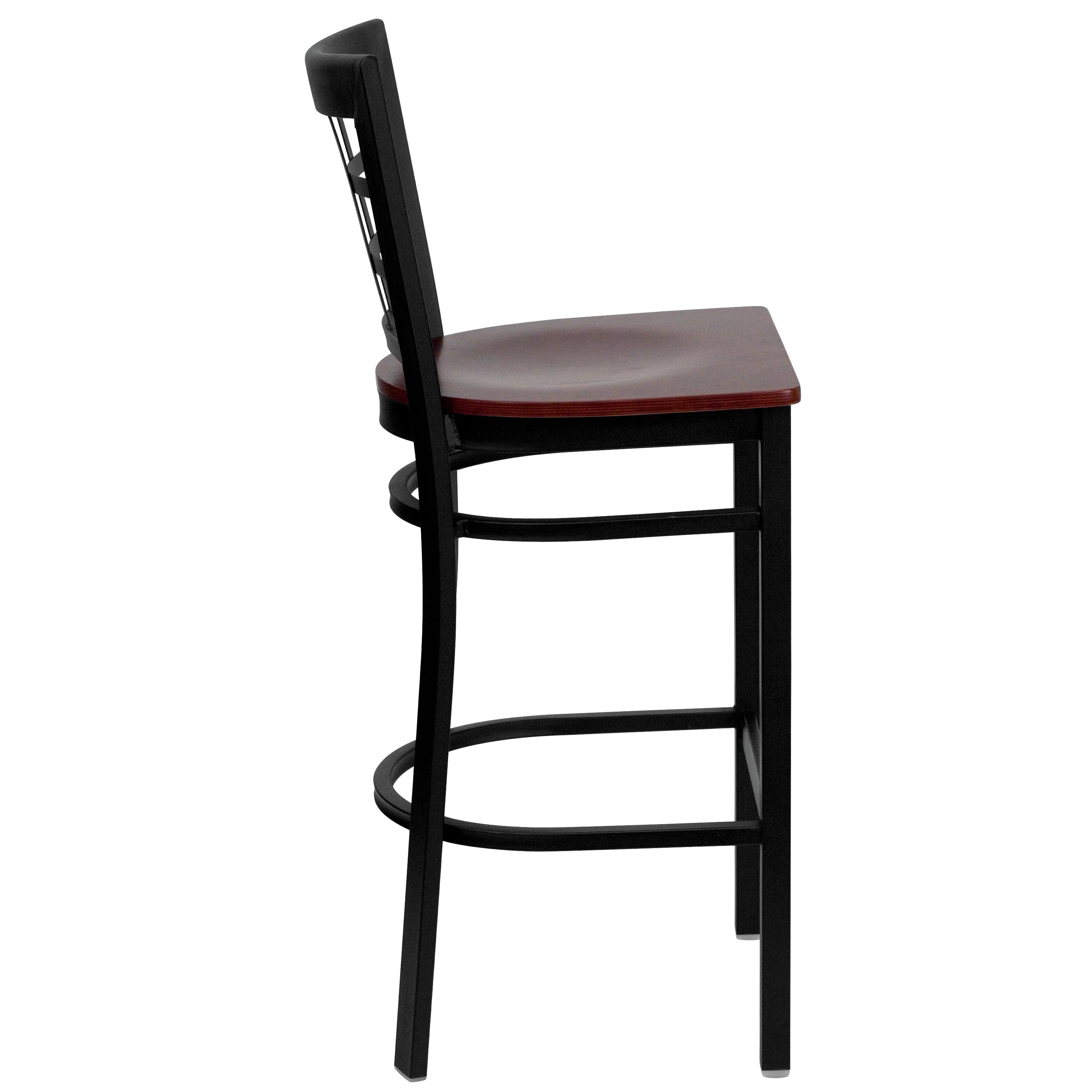 Alt View 4. Emma + Oliver - Window Back Metal Restaurant Dining Barstool - Mahogany Wood Seat/Black Metal Frame.