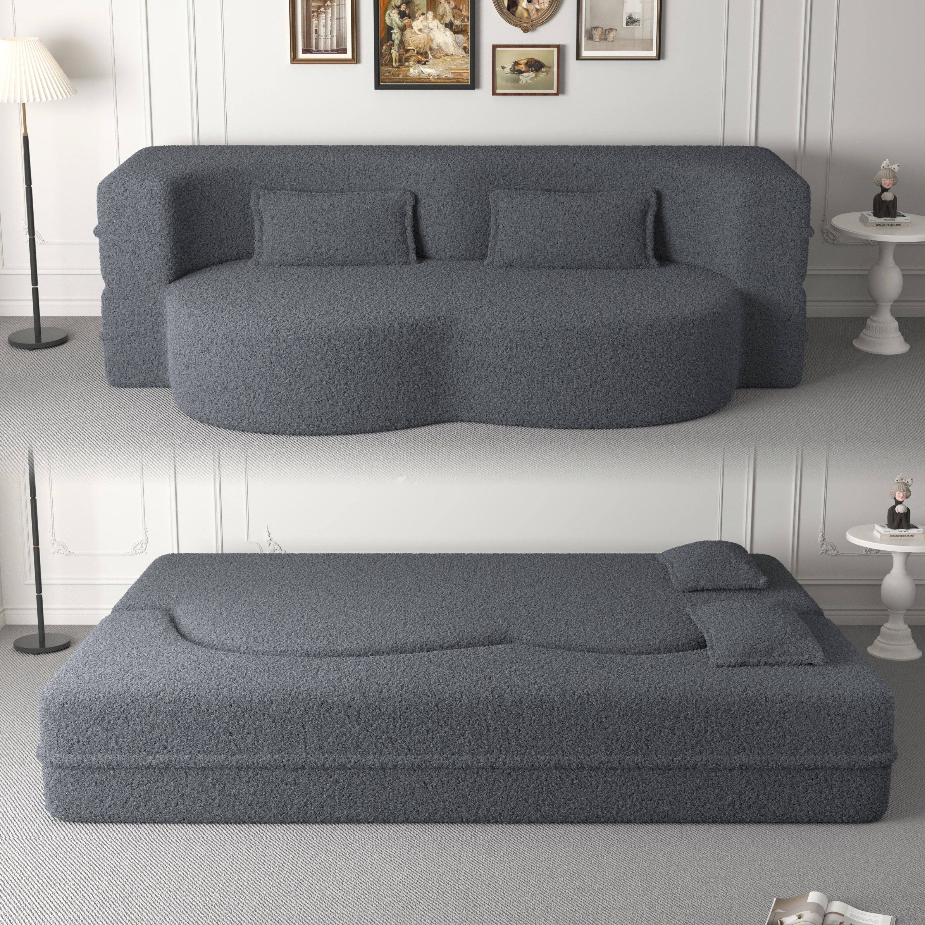 Back. Anysun - Modern Floor Sofa with 2 Pillows - Convertible Teddy Fabric Sleeper Bed, 15" Full Size Mattress, No Assembly Required - Gray.