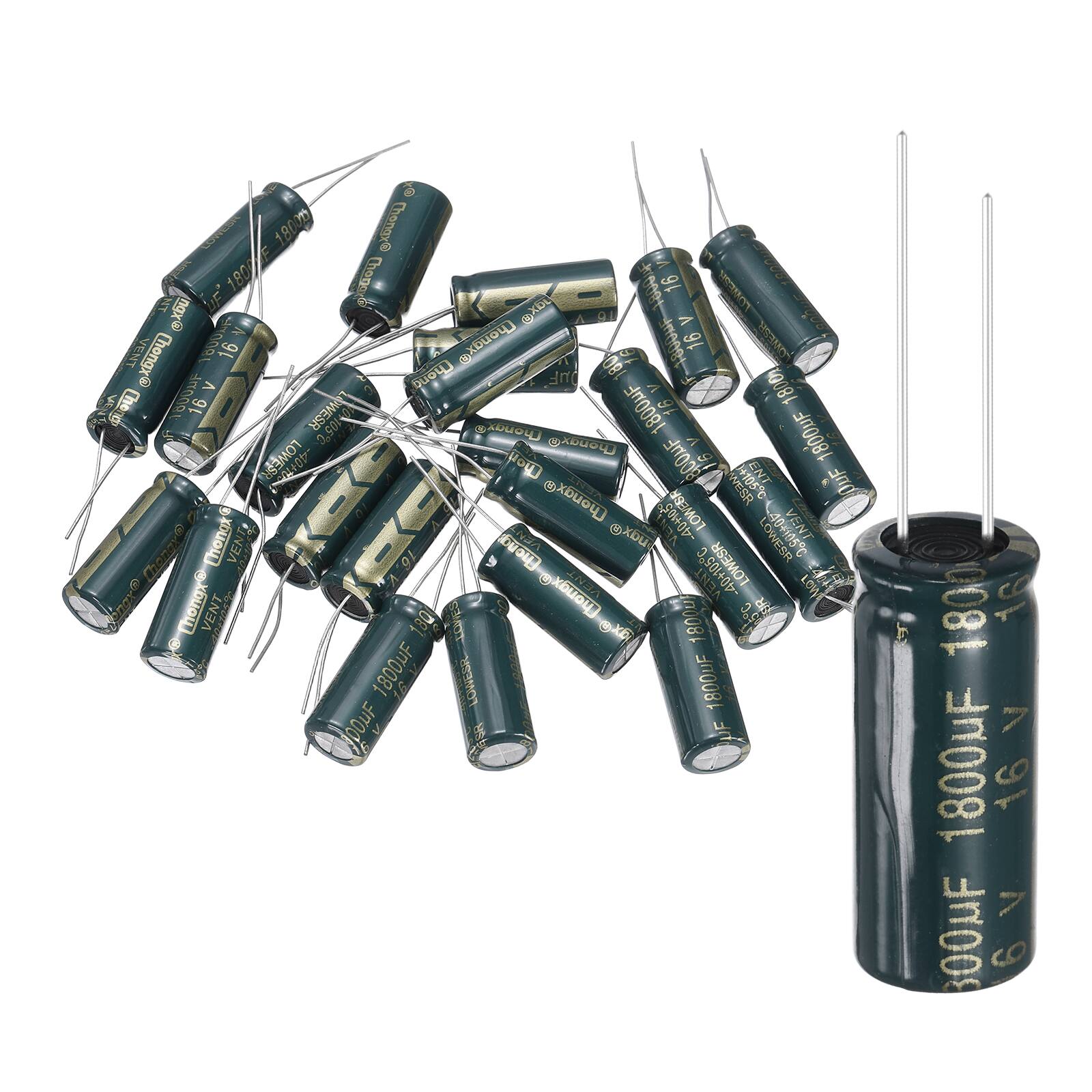 Unique Bargains - 1800uF 16V 10x25mm Electrolytic Capacitor, 105C High Temp Radial Leads, for TVs/LCDs/VCD, 24pcs - Green