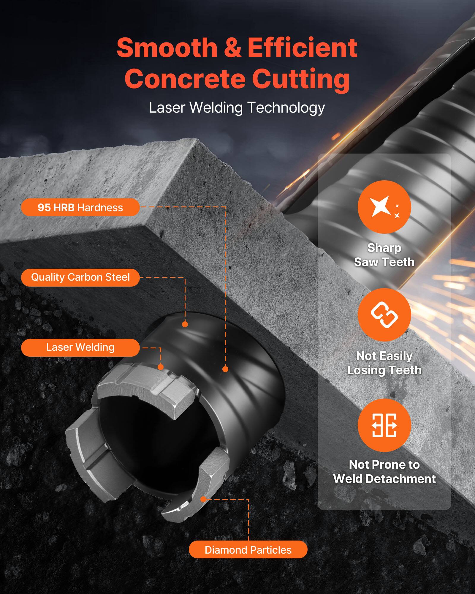 Smooth & Efficient Concrete Cutting Laser Welding Technology

- 95 HRB Hardness
- Quality Carbon Steel
- Laser Welding
- Sharp Saw Teeth
- Not Easily Losing Teeth
- Not Prone to Weld Detachment
- Diamond Particles