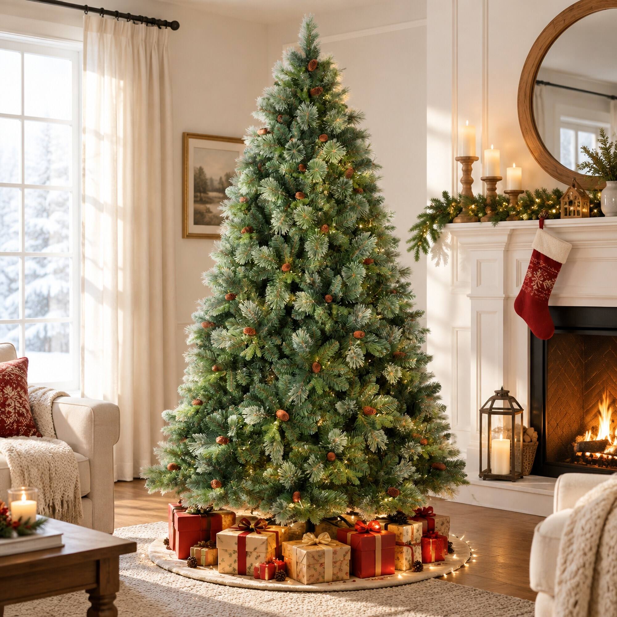 Angle. RYHNUYNE - 5FT Pre-Lit Artificial Christmas Tree With 290 Warm White LED Lights and 647 Tips, 43 Pine Cones and Iron Base - Green.