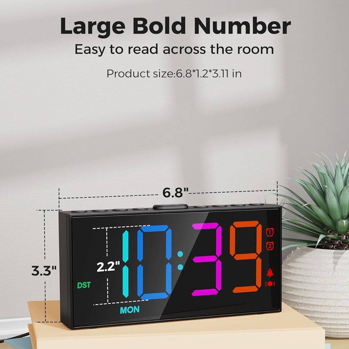 Large Bold Number  
Easy to read across the room  

Product size: 6.8" x 1.2" x 3.11 in  

6.8"  
3.3"  
2.2"  

DST  
MON  

10:39