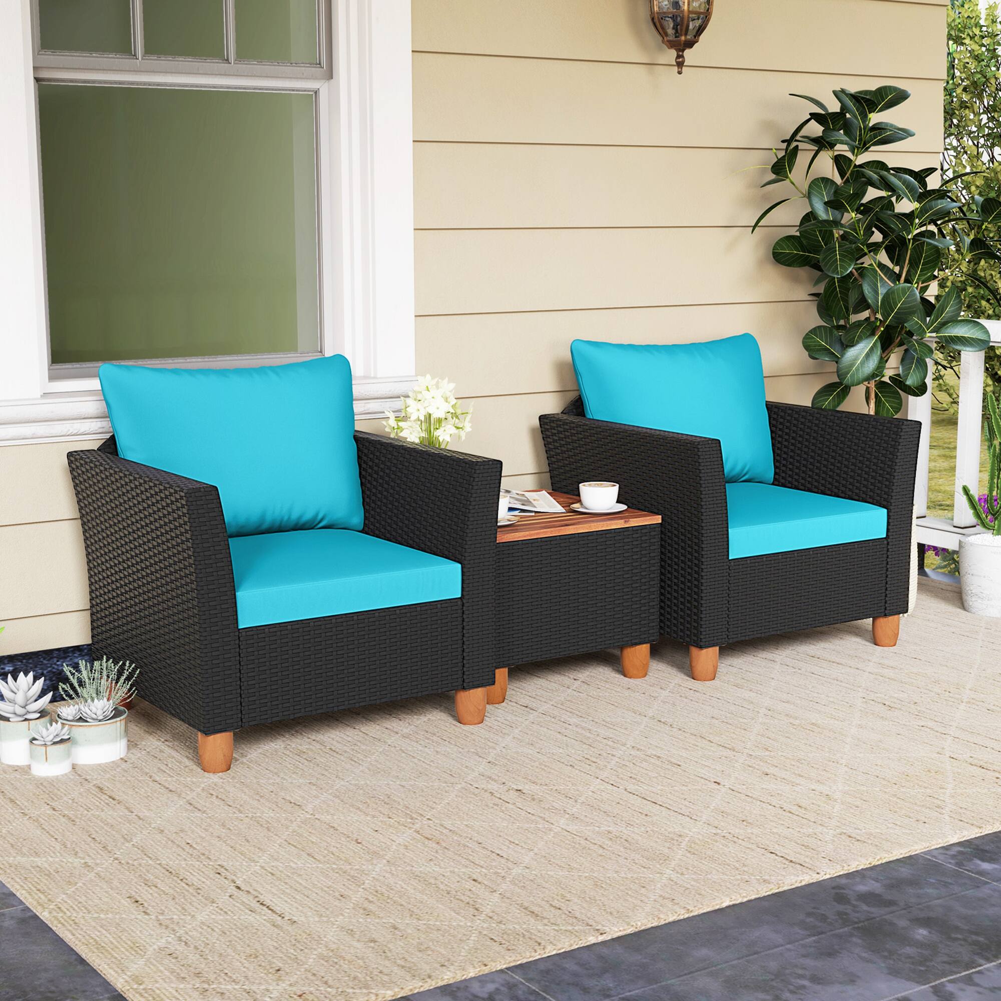 Alt View 2. Costway - Costway 3PCS Patio Rattan Furniture Set Cushioned Sofa Storage Table Wood Top - Turquoise.