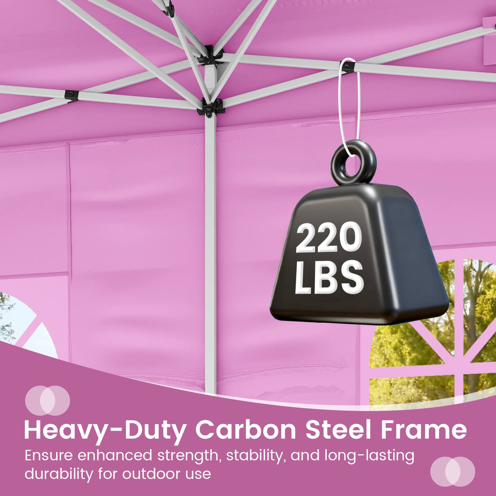 220 LBS Heavy-Duty Carbon Steel Frame  
Ensure enhanced strength, stability, and long-lasting durability for outdoor use