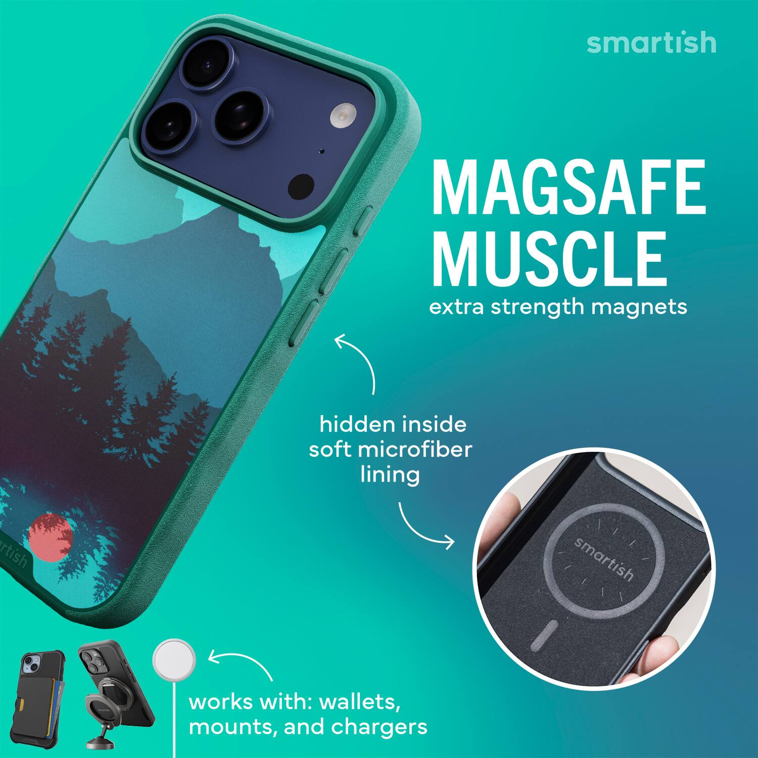 smartish MAGSAFE MUSCLE extra strength magnets hidden inside soft microfiber lining smartish works with: wallets, mounts, and chargers