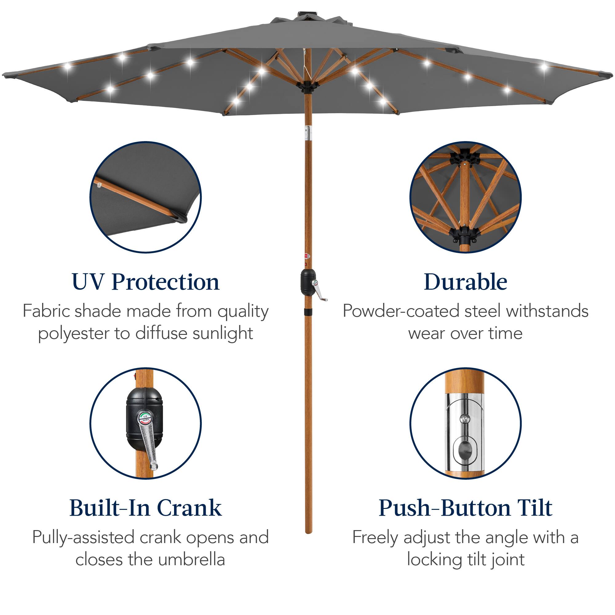 UV Protection: Fabric shade made from quality polyester to diffuse sunlight.

Durable: Powder-coated steel withstands wear over time.

Built-In Crank: Pulley-assisted crank opens and closes the umbrella.

Push-Button Tilt: Freely adjust the angle with a locking tilt joint.