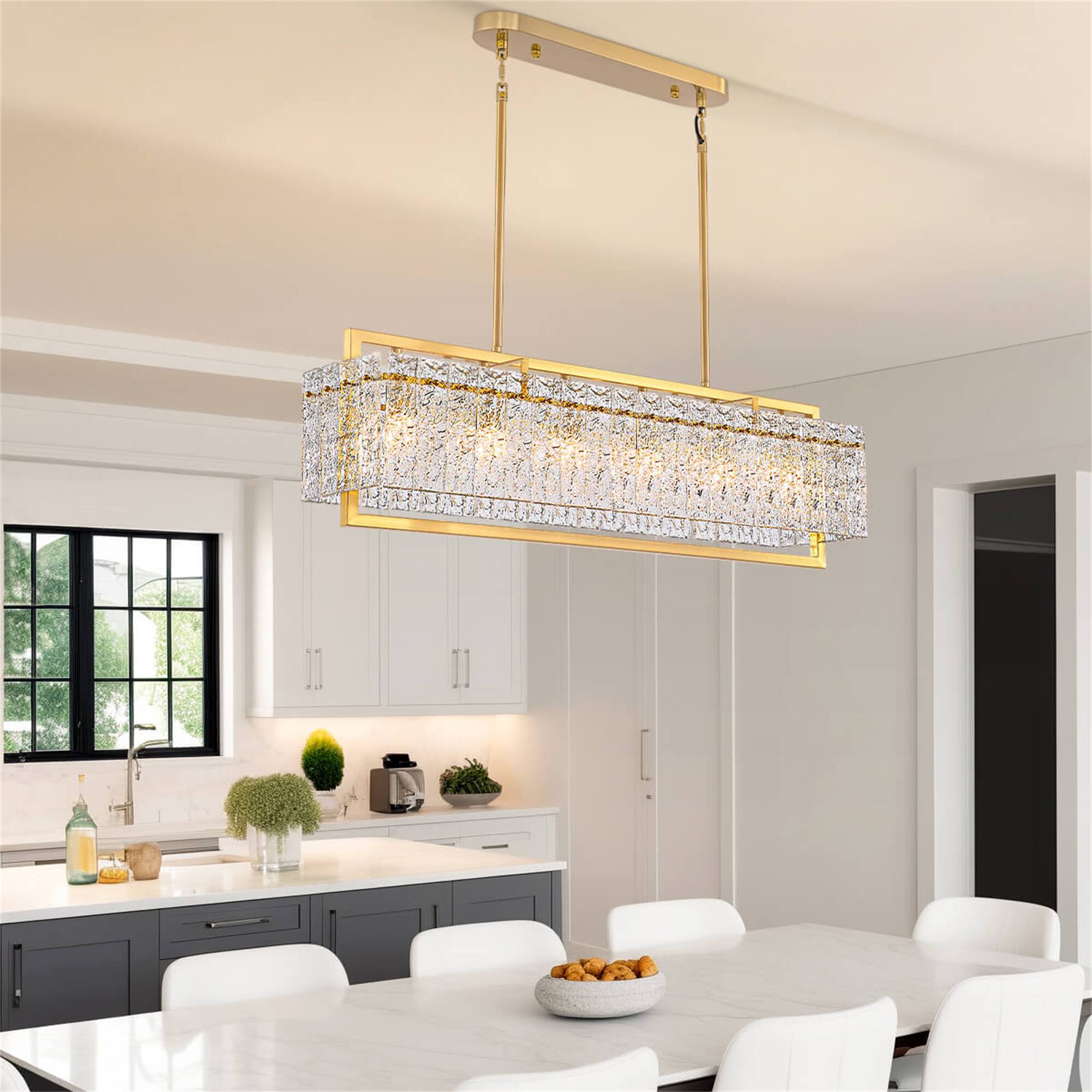 Alt View 1. Siljoy - 49.2-In 8-Light Brass Square Linear Chandelier, Adjustable Cable Iron Pendant Light for Kitchen Island Dining Foyer - Brass.