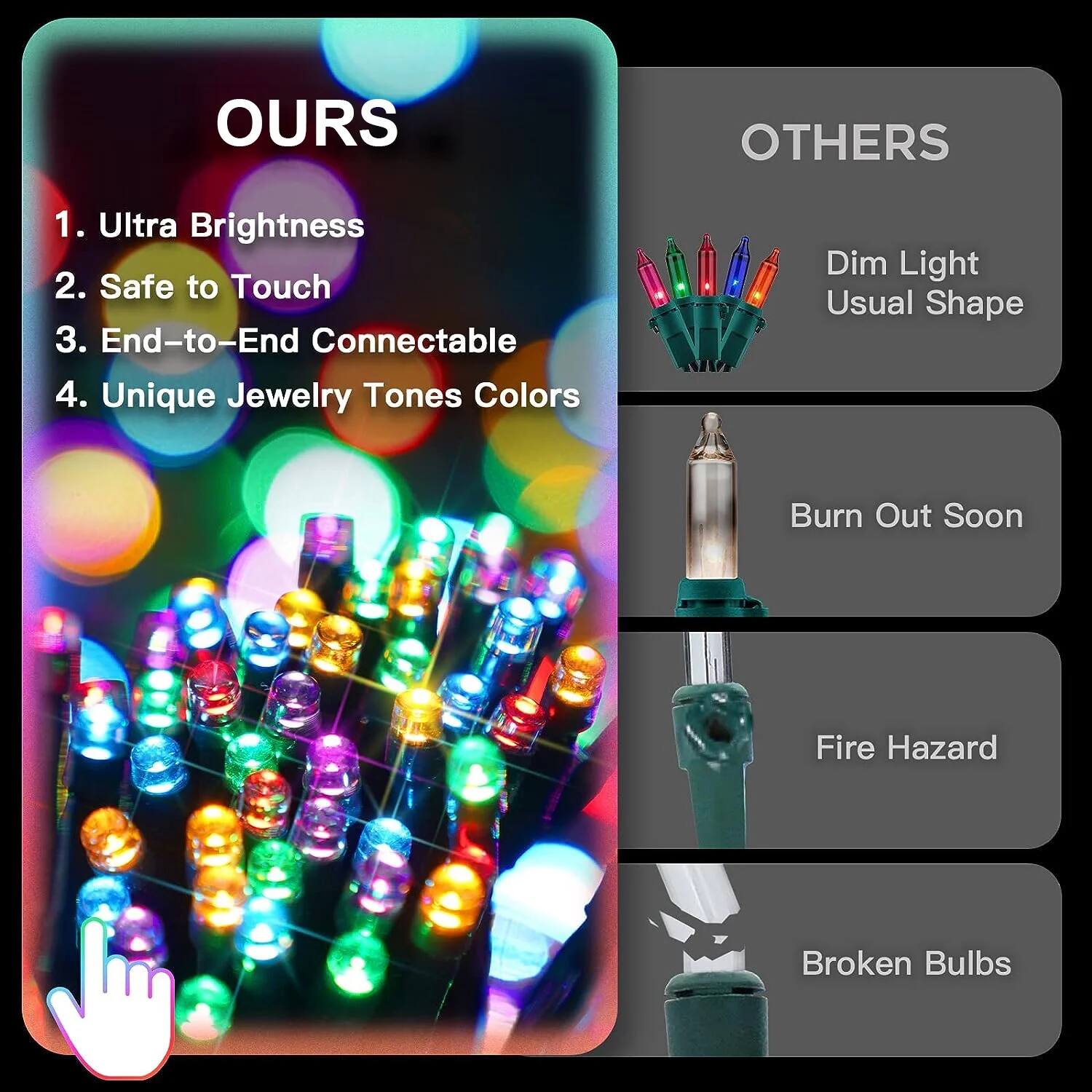 **OURS**

1. Ultra Brightness  
2. Safe to Touch  
3. End-to-End Connectable  
4. Unique Jewelry Tones Colors  

**OTHERS**

- Dim Light  
- Usual Shape  
- Burn Out Soon  
- Fire Hazard  
- Broken Bulbs