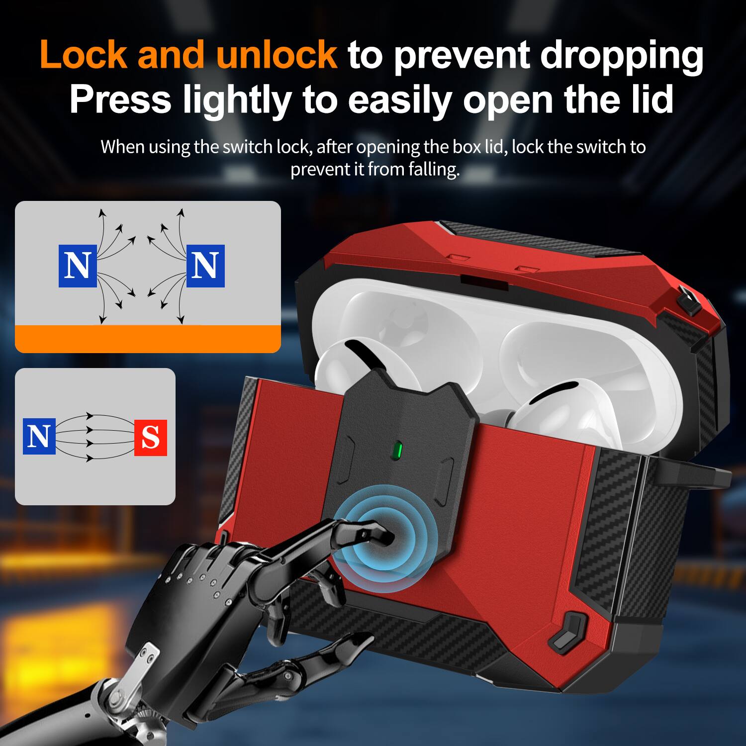 Lock and unlock to prevent dropping  
Press lightly to easily open the lid  
When using the switch lock, after opening the box lid, lock the switch to prevent it from falling.