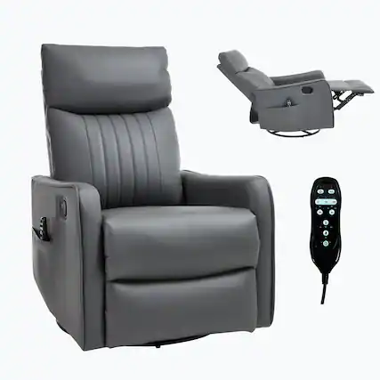 Front. LUCKY ONE - Faux Leather Manual Recliner Chair with 360° Swivel, Rocker, Massage and Lumbar Heat - Grayish Green.