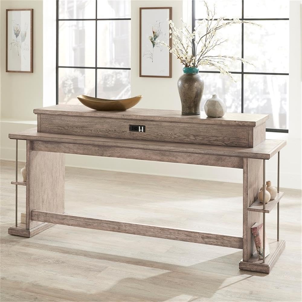 Angle. Liberty Furniture Industries - City Scape Metal Accent Oak Wood Console Bar Table for Living Room - Burnished Beige.