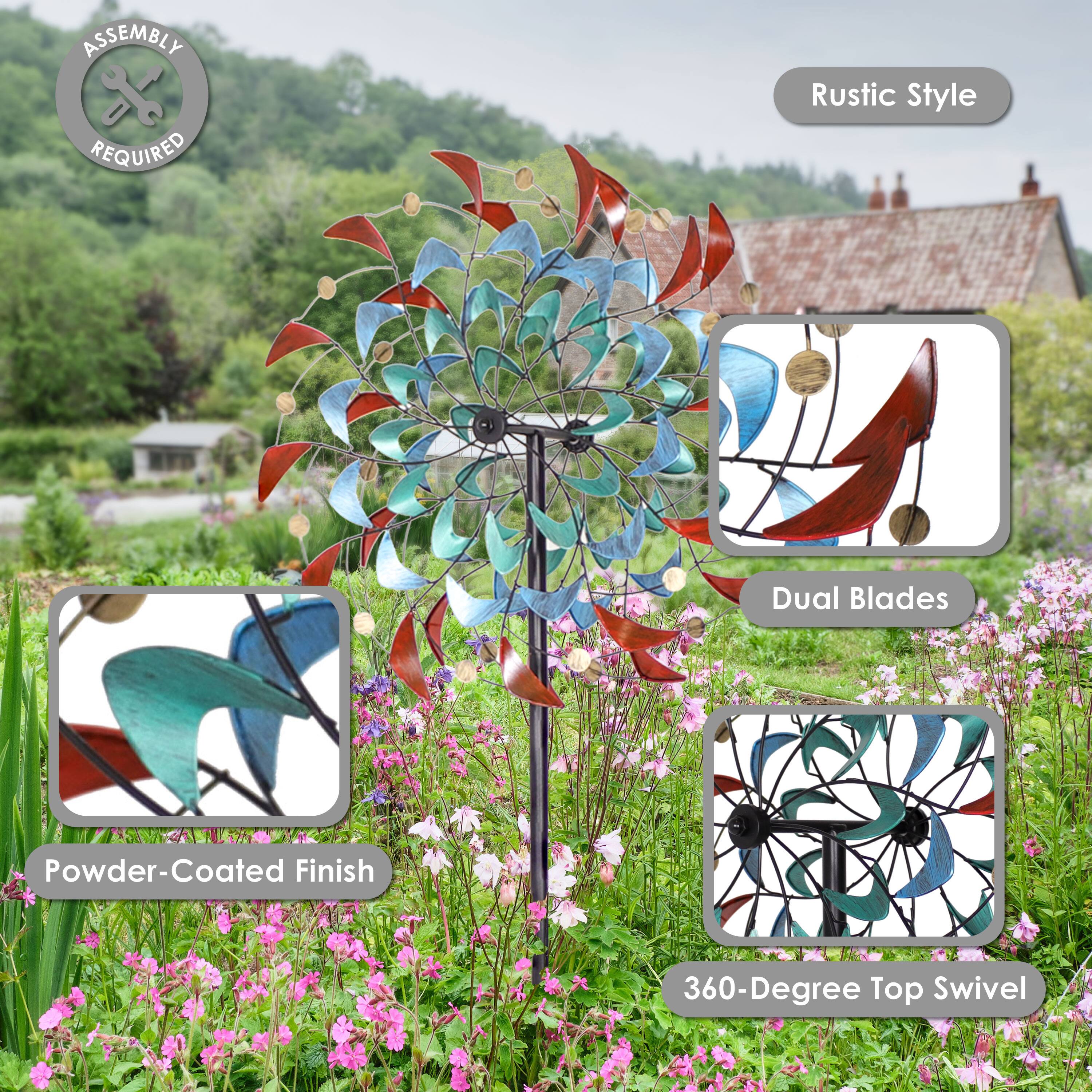 - Assembly Required
- Rustic Style
- Dual Blades
- Powder-Coated Finish
- 360-Degree Top Swivel