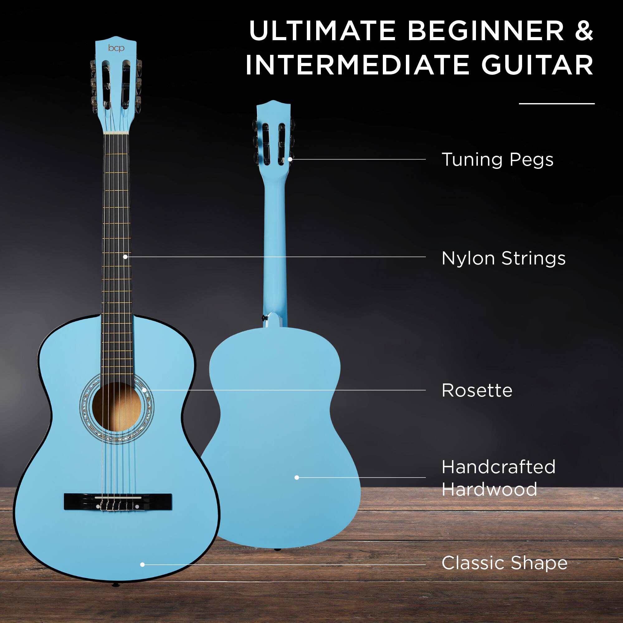 ULTIMATE BEGINNER & INTERMEDIATE GUITAR

- Tuning Pegs
- Nylon Strings
- Rosette
- Handcrafted Hardwood
- Classic Shape