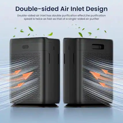 Double-sided Air Inlet Design
Double-sided air inlet has double purification effect, the purification speed is twice as fast as that of a single-sided air purifier.