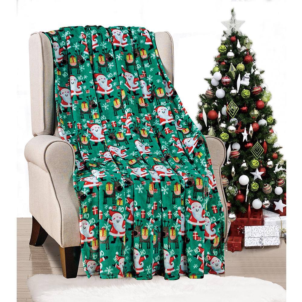 Alt View 1. Noble House - Plazatex Green Joyful Santa plush Decorative Christmas Machine Washable Throw 50" X 60" Green - Green.