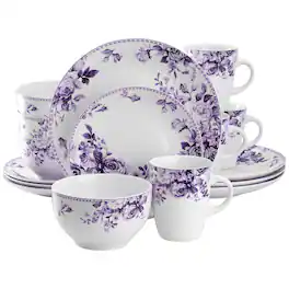 Elama - Traditional Purple Rose 16 Piece Stoneware Dinnerware Set - White and Purple
