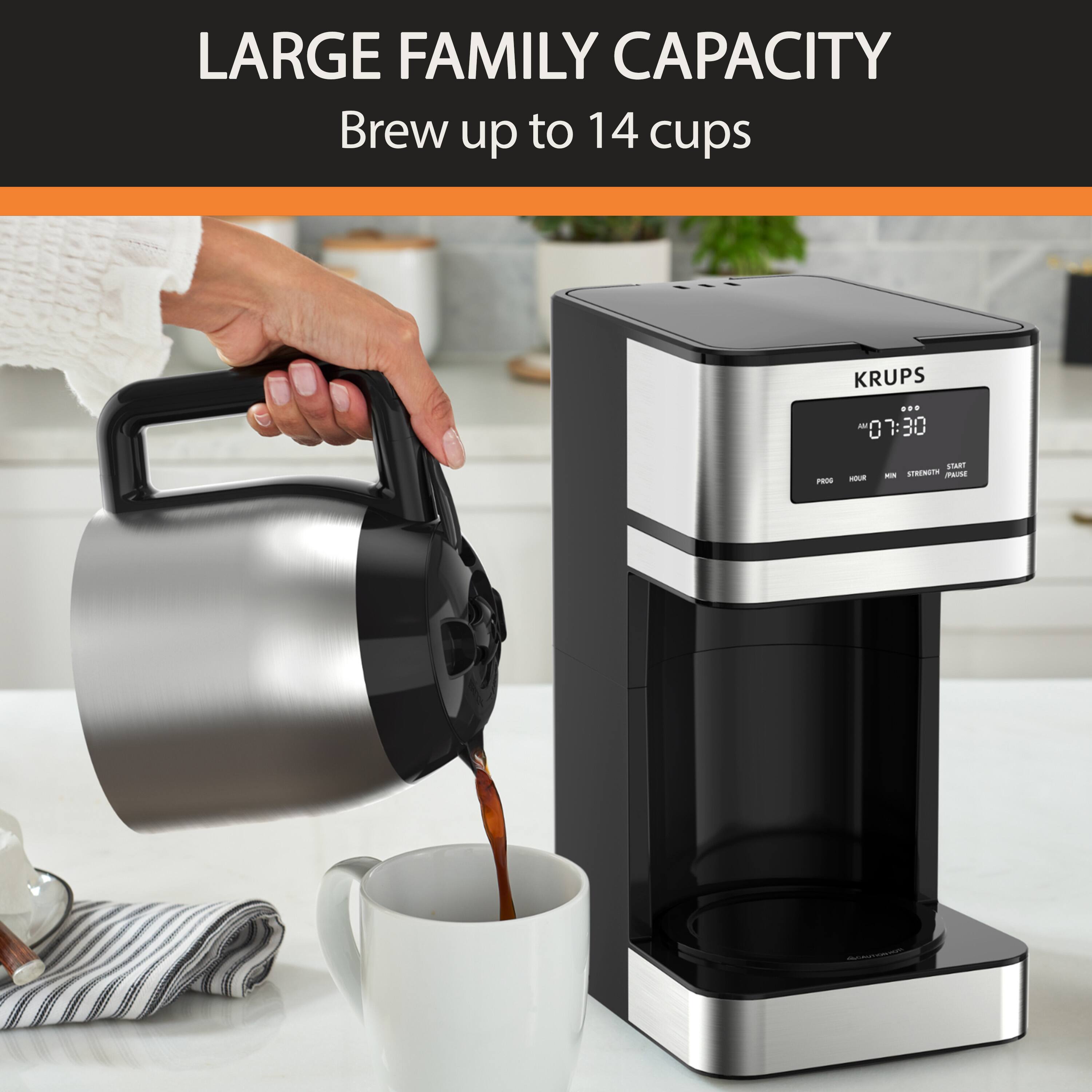 LARGE FAMILY CAPACITY  
Brew up to 14 cups

KRUPS  
07:30  
PROG  
HOUR  
MIN  
STRENGTH  
START  
PAUSE
