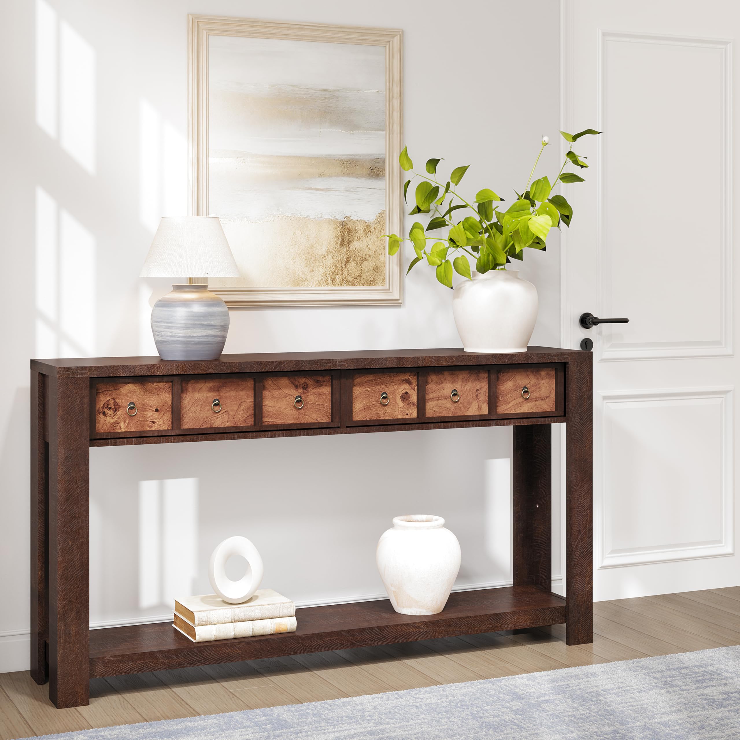Alt View 1. Qeetex - 54-Inch Farmhouse Console Table, Wooden Entryway Table with 2 Drawers & Open Shelf for Living Room, Hallway & Foyer - Color Blocking.