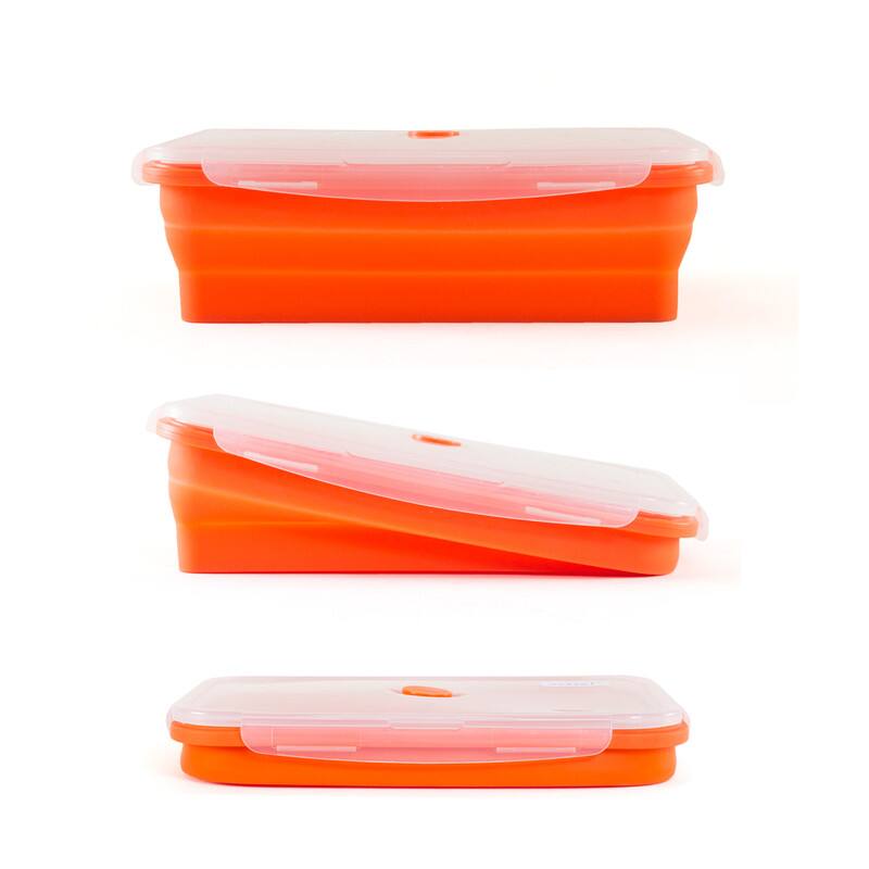 Left. Kitchen + Home - Thin Bins Collapsible Containers - Set of 2 XL Silicone Food Storage Containers - purple, orange.