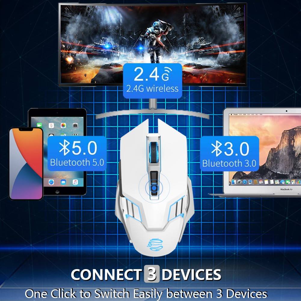 2.4G wireless  
Bluetooth 5.0  
Bluetooth 3.0  

CONNECT 3 DEVICES  
One Click to Switch Easily between 3 Devices